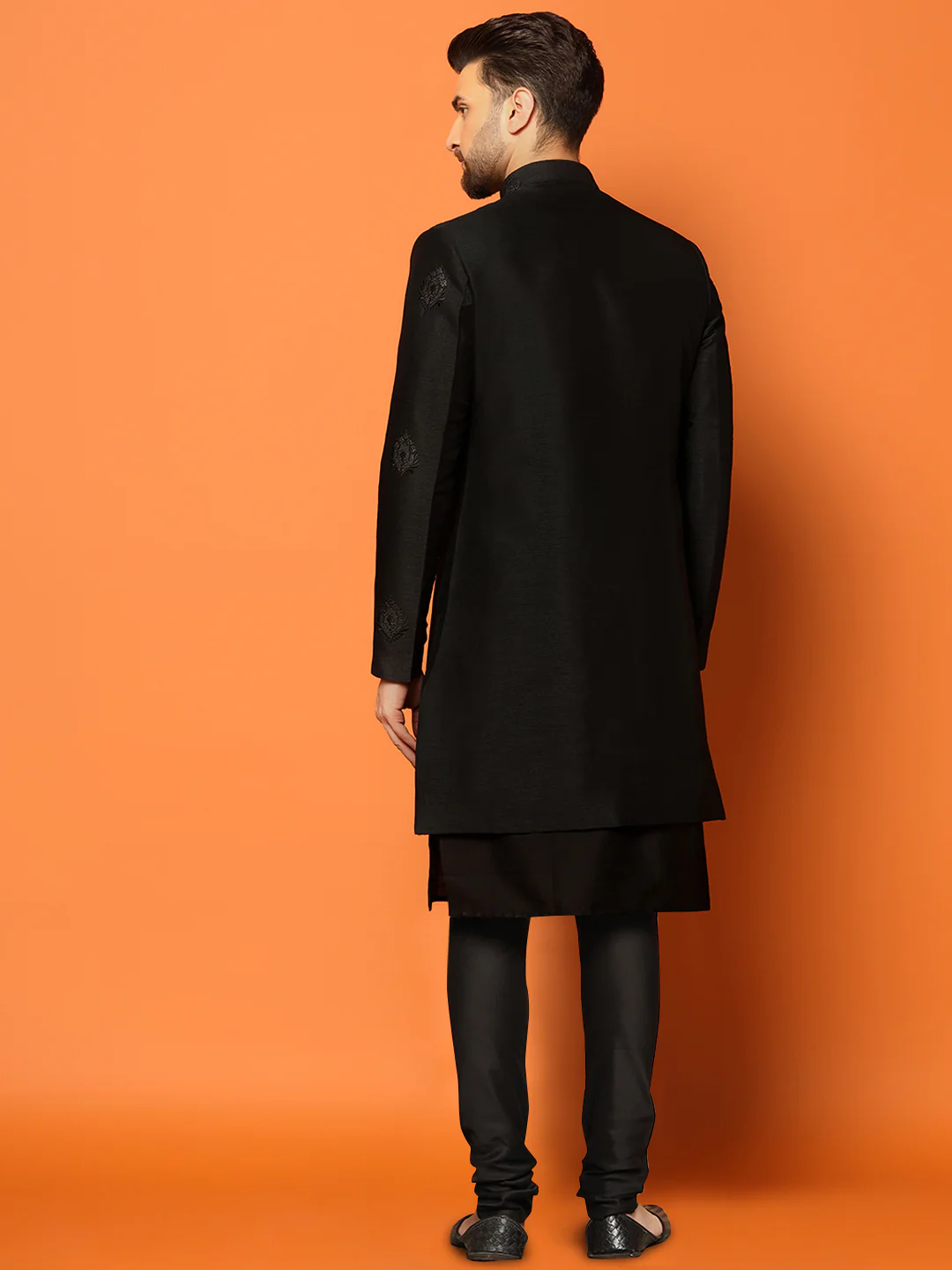 Black Textured Sherwani Kurta Churidar Set - Image 4