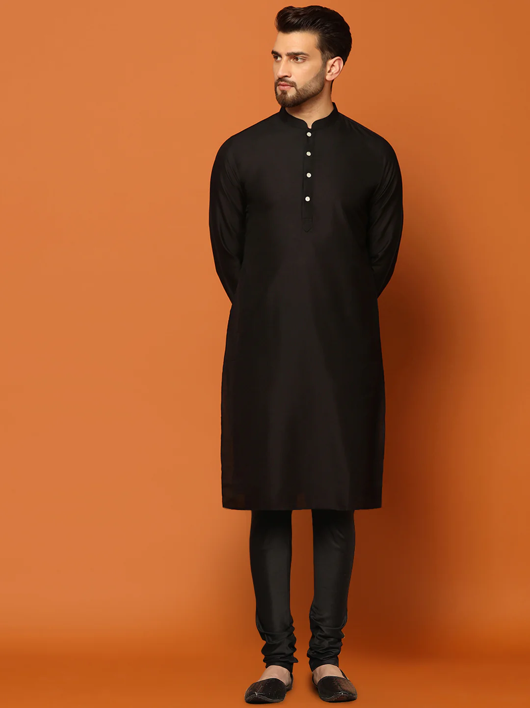 Black Textured Sherwani Kurta Churidar Set - Image 5