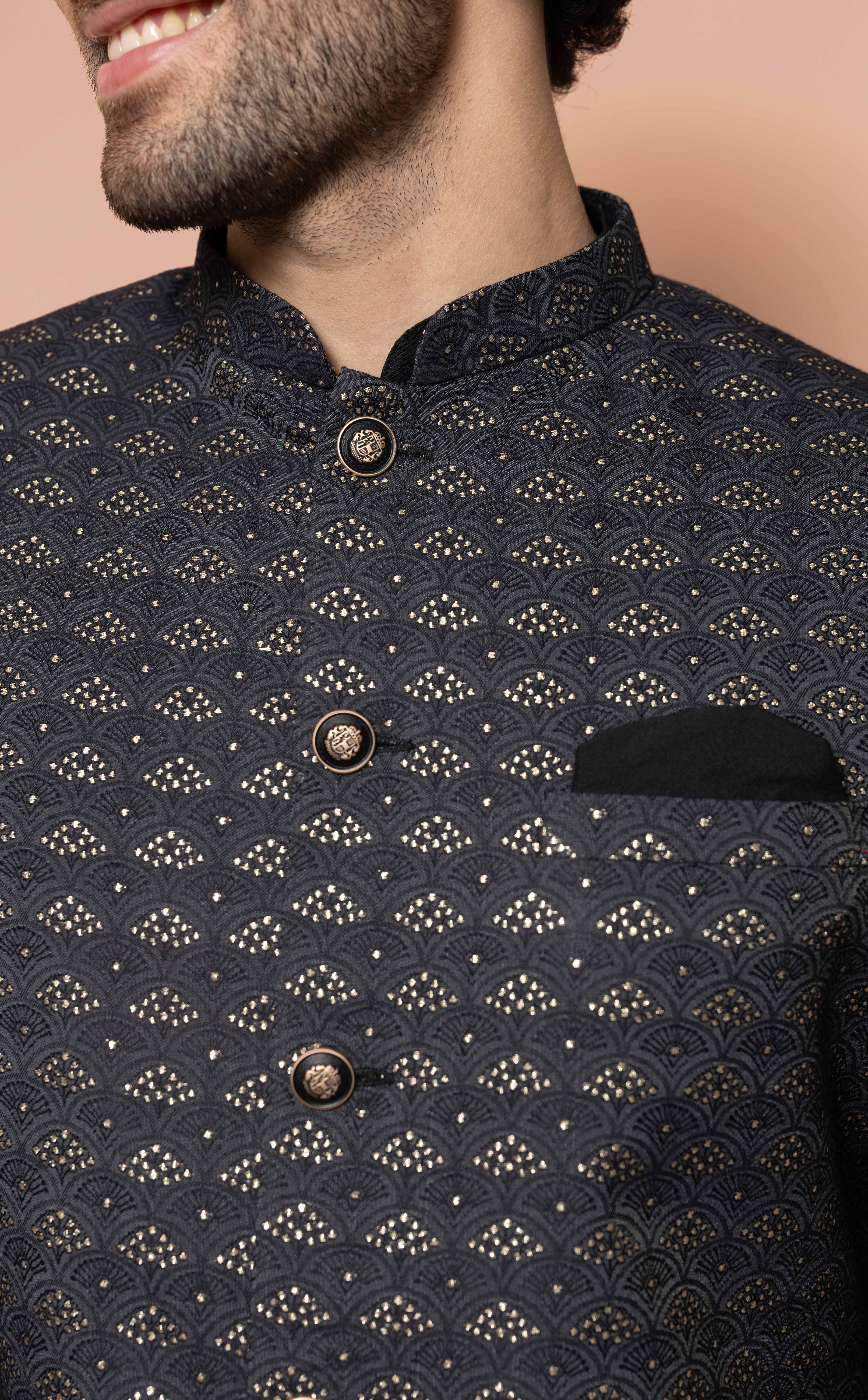 Black Jacquard Sherwani Set - Image 5
