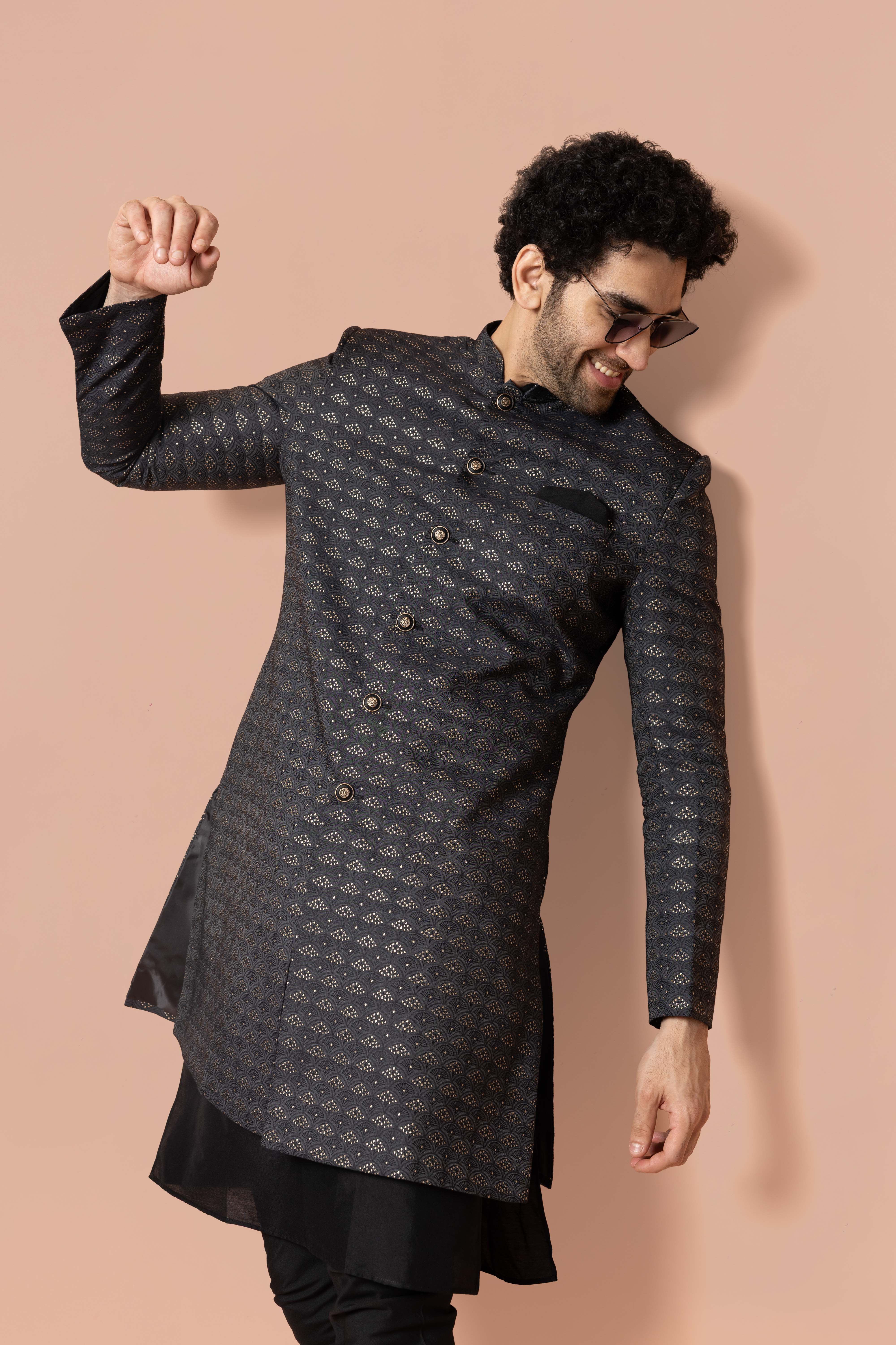 Black Jacquard Sherwani Set - Image 8