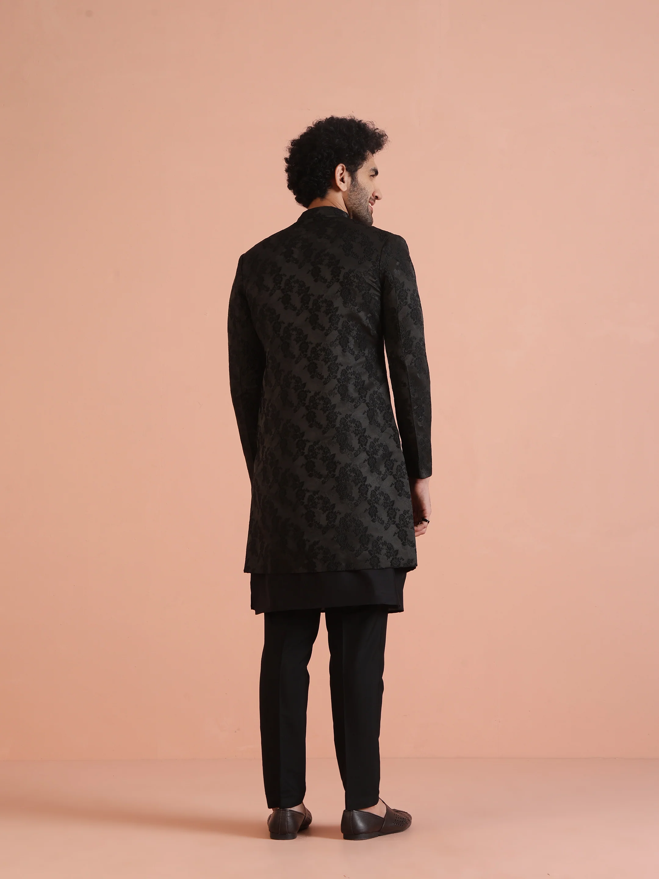 Men Black Embossed Kurta Indowestern Trouser Set - Image 4