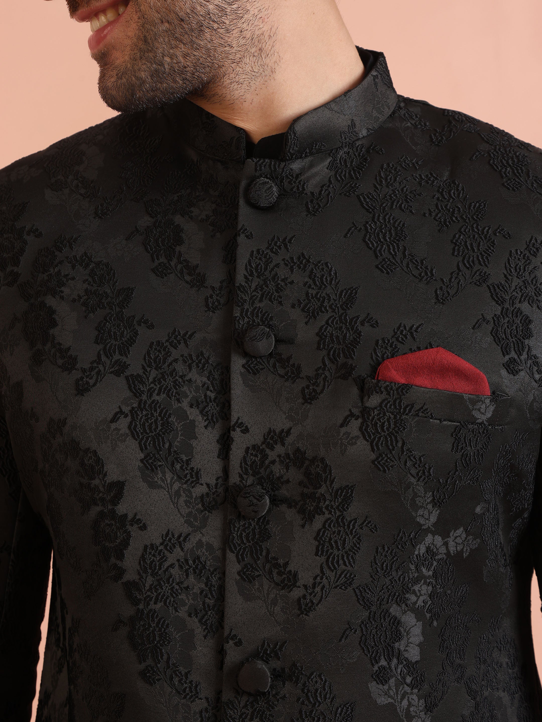 Men Black Embossed Kurta Indowestern Trouser Set - Image 5
