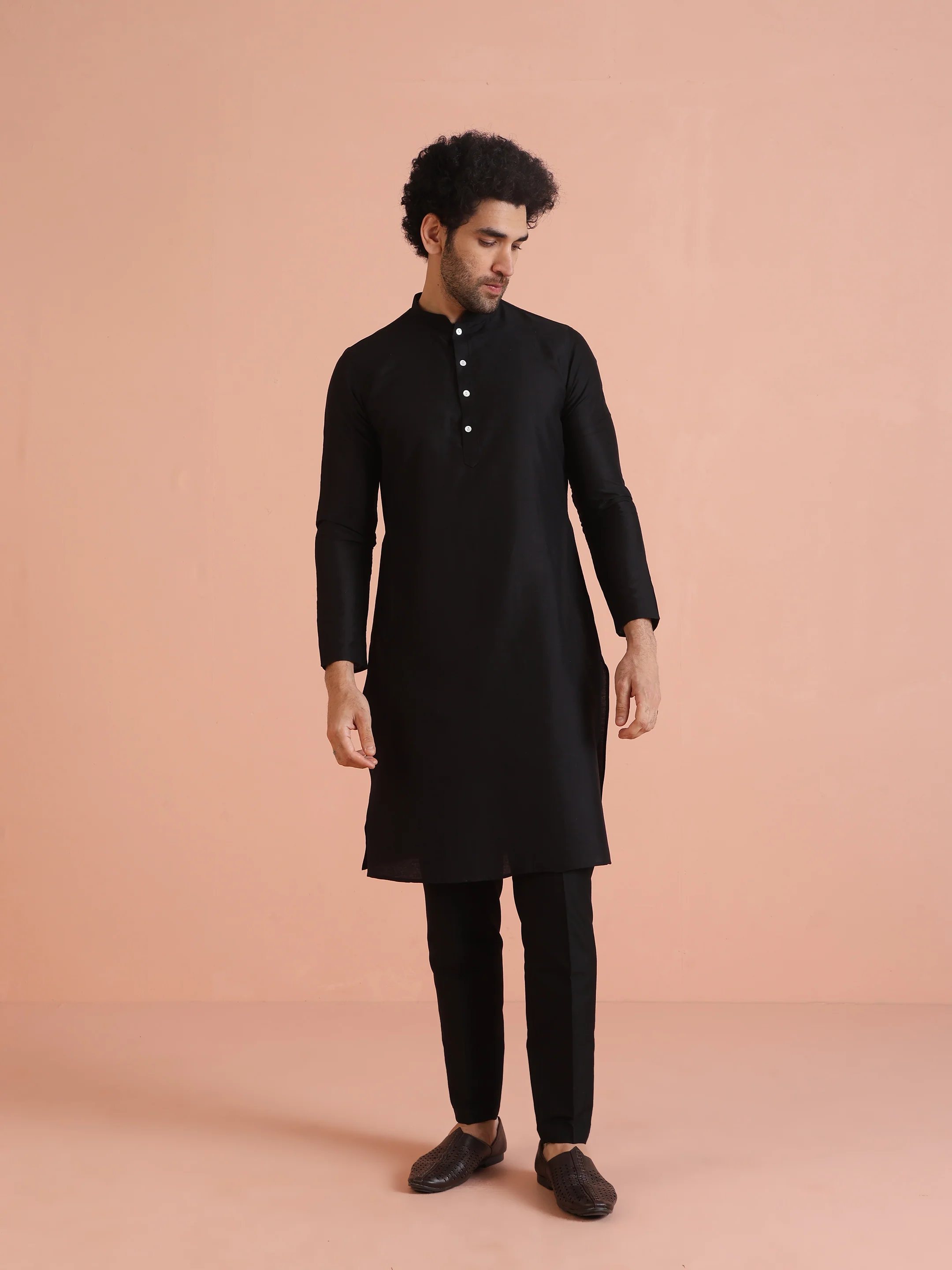 Men Black Embossed Kurta Indowestern Trouser Set - Image 6