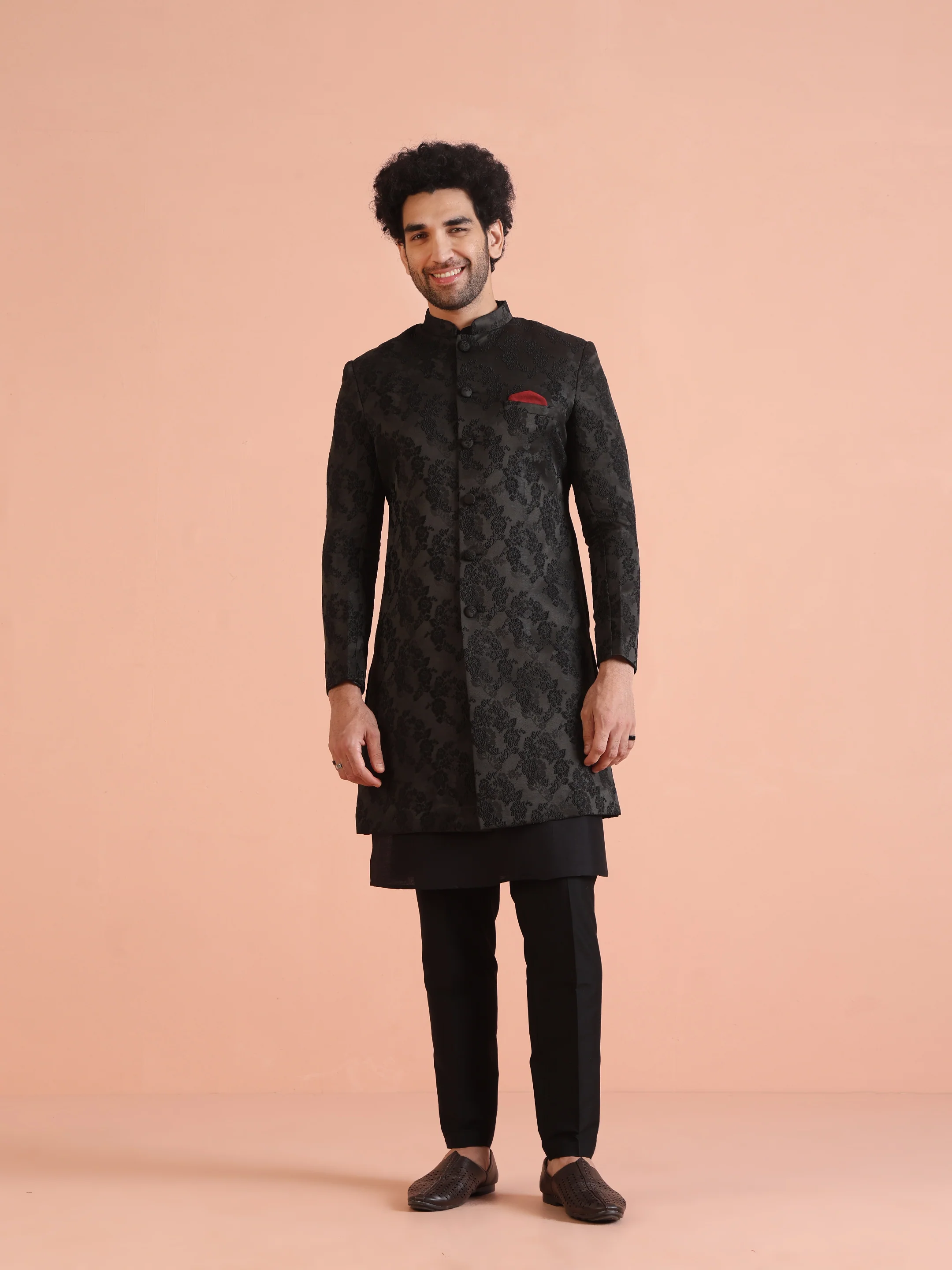 Men Black Embossed Kurta Indowestern Trouser Set - Image 8