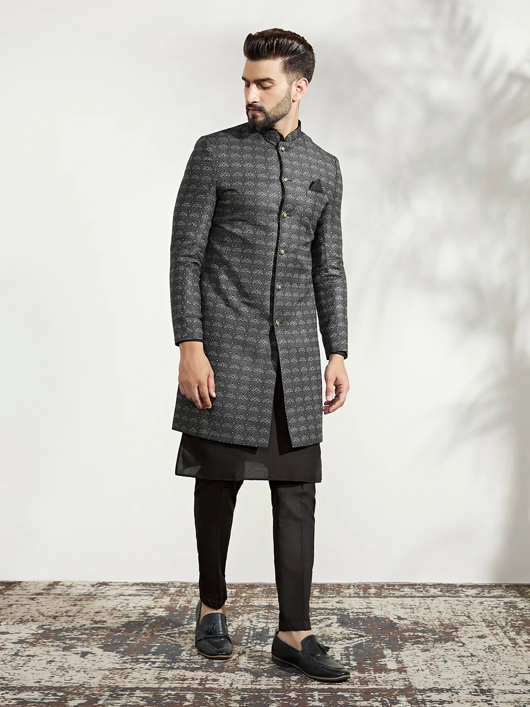 Black Cotton Silk Printed Indowestern Kurta Trouser Set - Image 2
