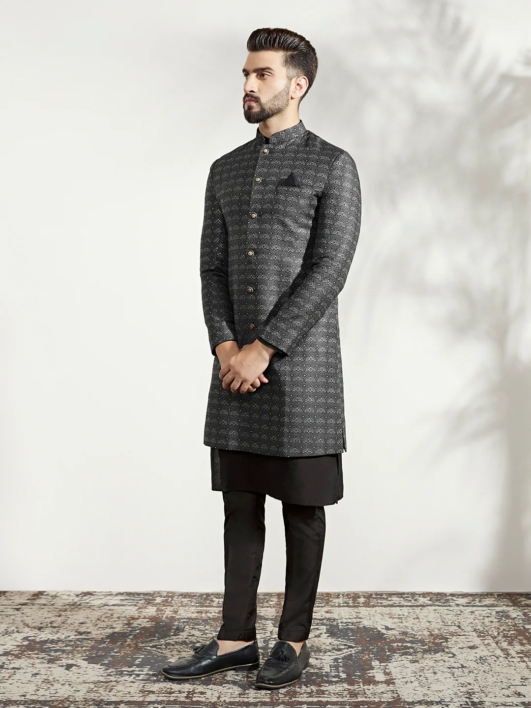 Black Cotton Silk Printed Indowestern Kurta Trouser Set - Image 3