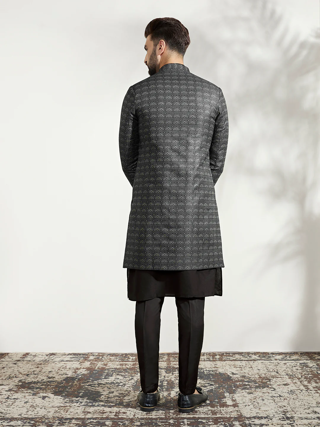Black Cotton Silk Printed Indowestern Kurta Trouser Set - Image 4