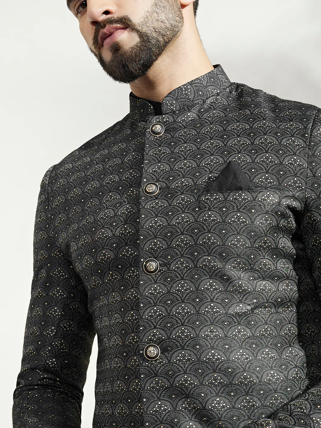 Black Cotton Silk Printed Indowestern Kurta Trouser Set - Image 6