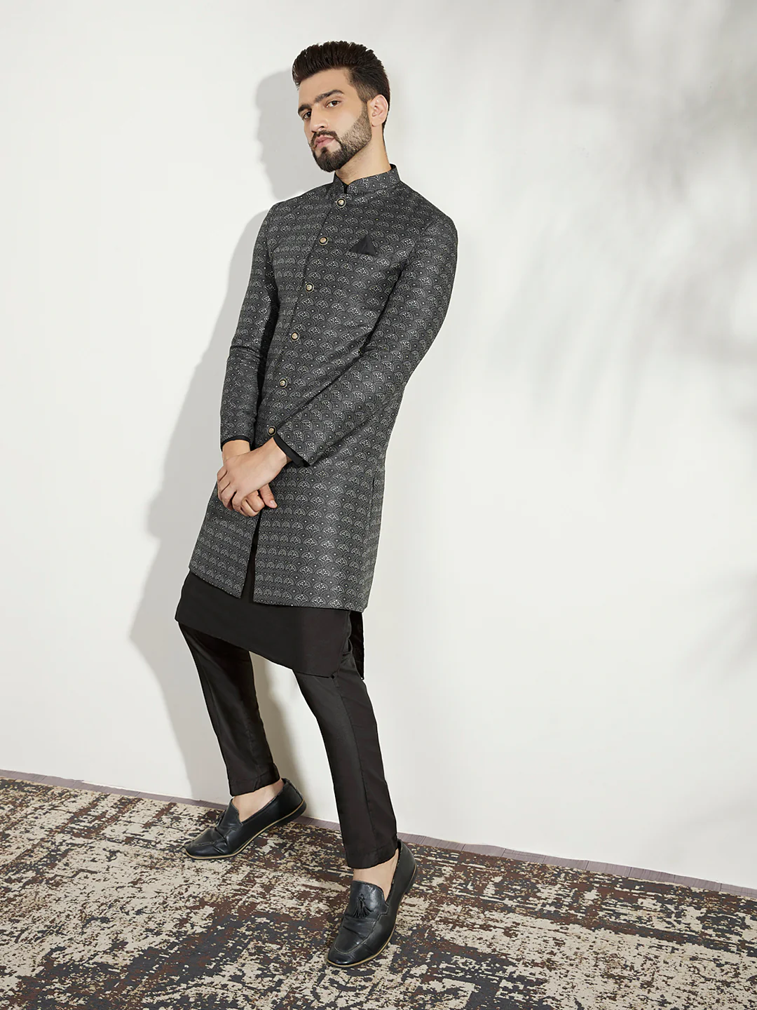 Black Cotton Silk Printed Indowestern Kurta Trouser Set - Image 8