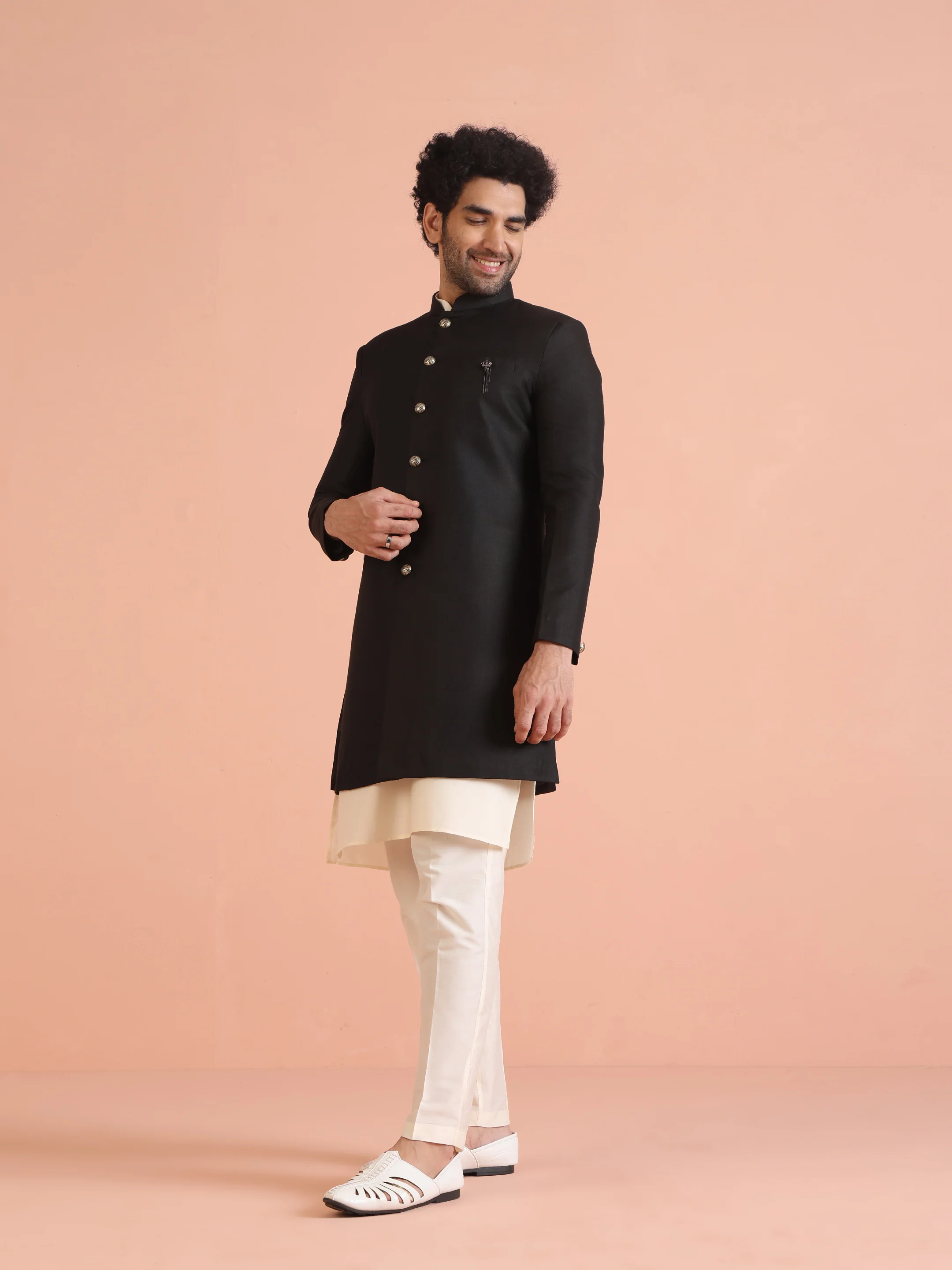 Men Black Solid Kurta Indowestern Trouser Set - Image 2