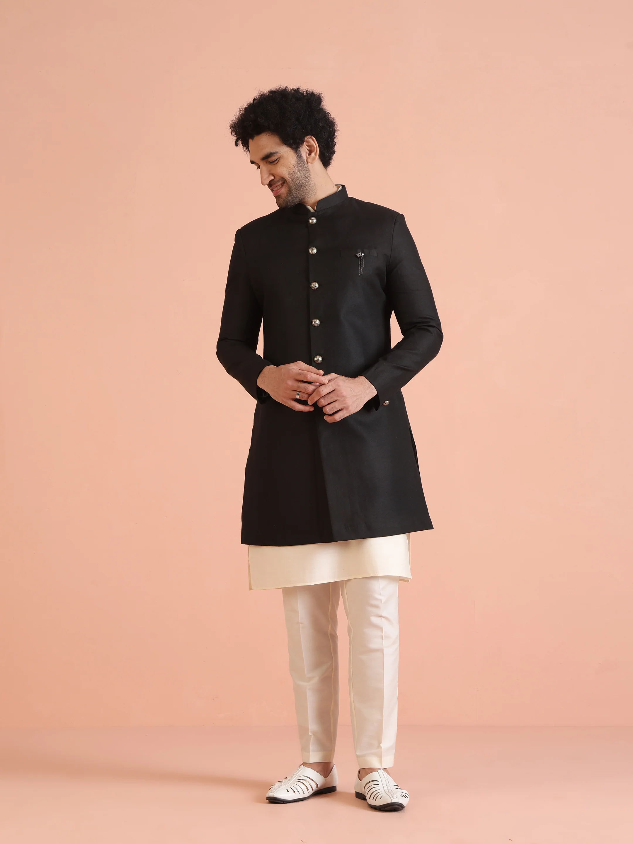 Men Black Solid Kurta Indowestern Trouser Set - Image 3