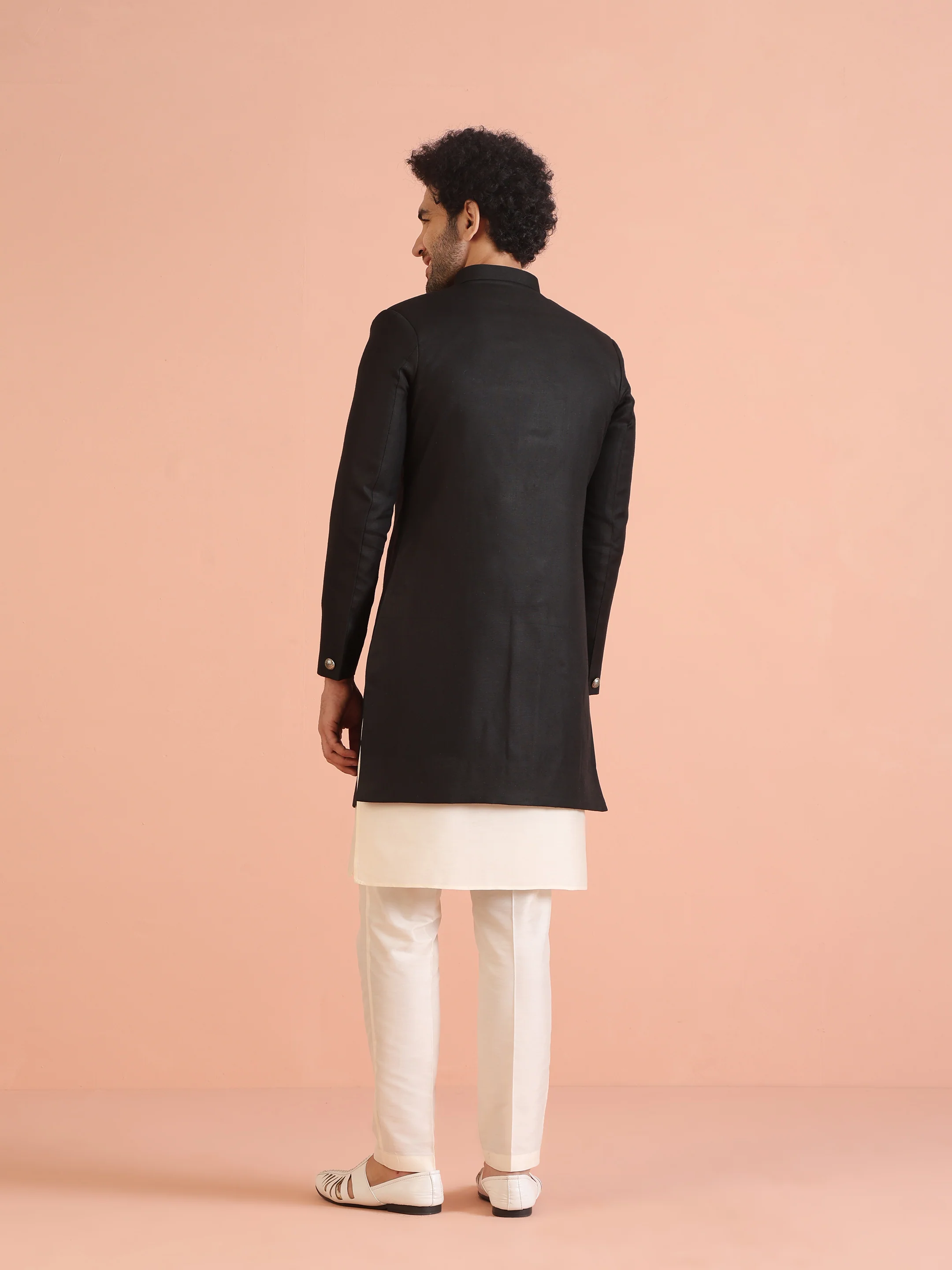 Men Black Solid Kurta Indowestern Trouser Set - Image 4