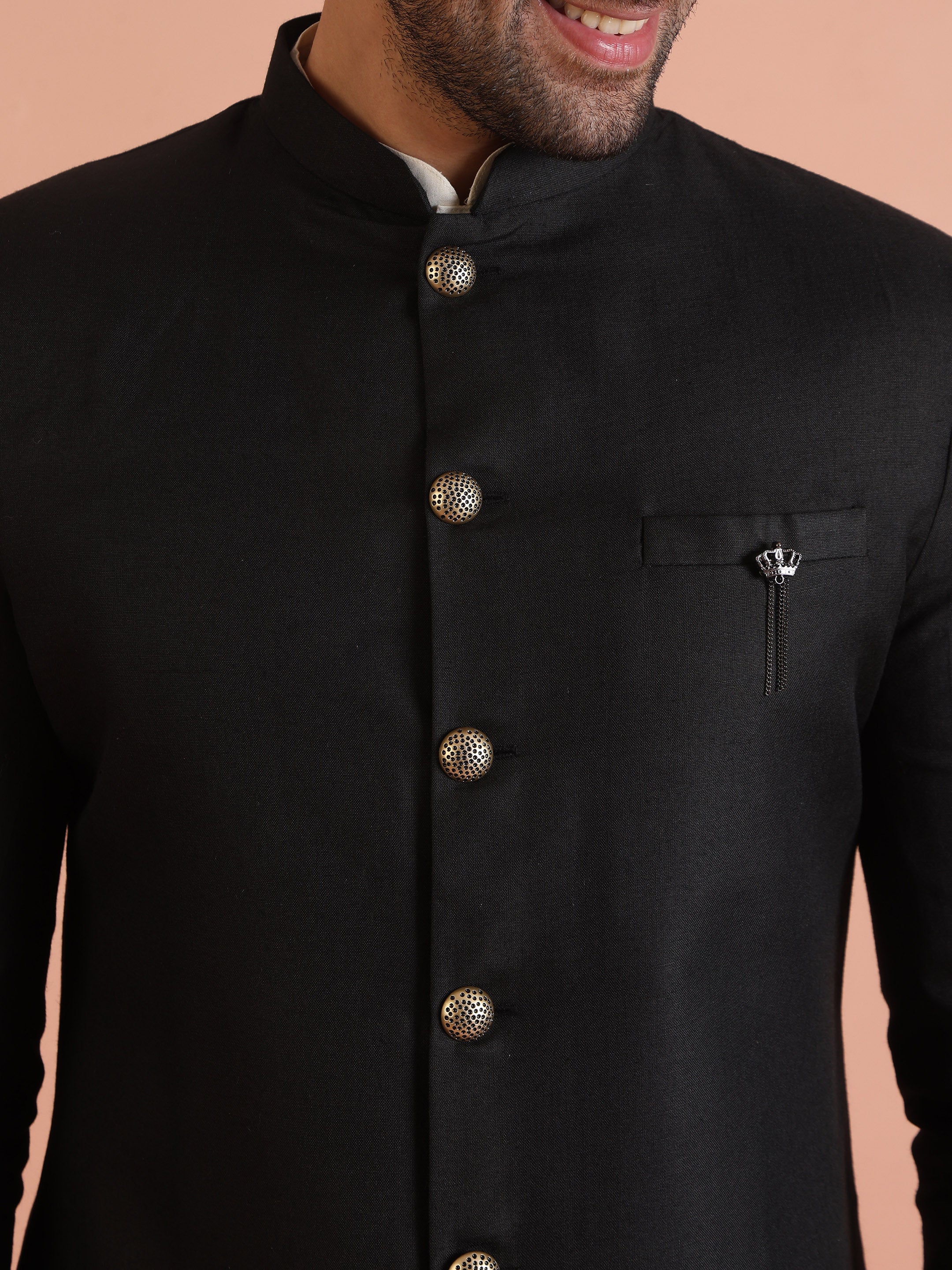 Men Black Solid Kurta Indowestern Trouser Set - Image 5