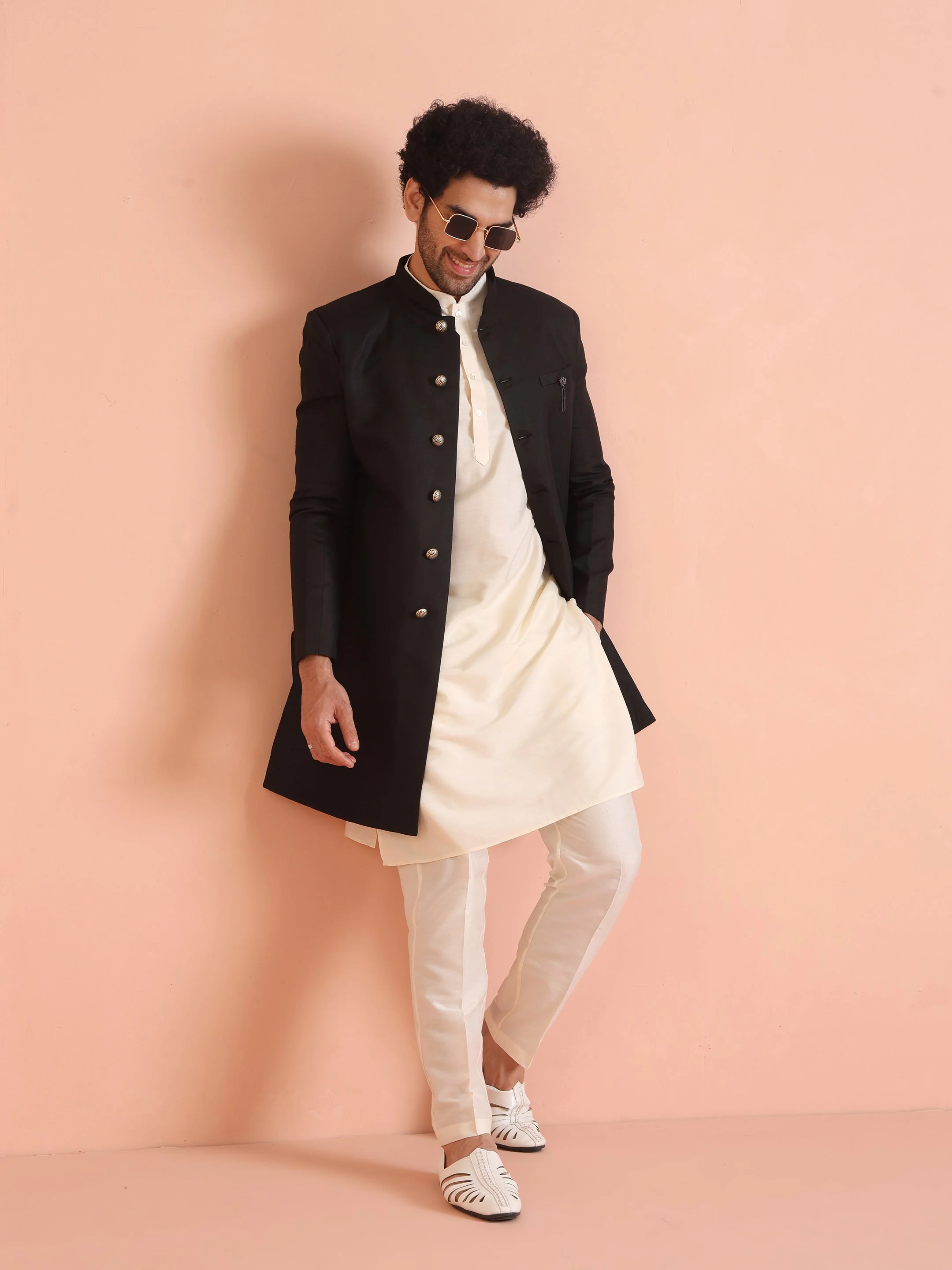 Men Black Solid Kurta Indowestern Trouser Set - Image 8