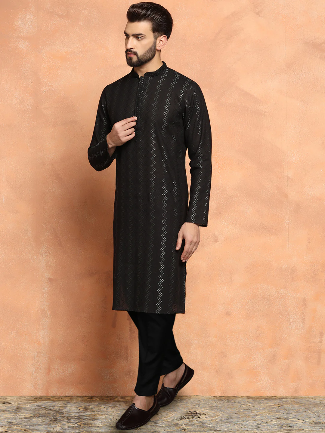 Black Cotton Silk Indowestern Achkan Kurta Trouser Set - Image 3
