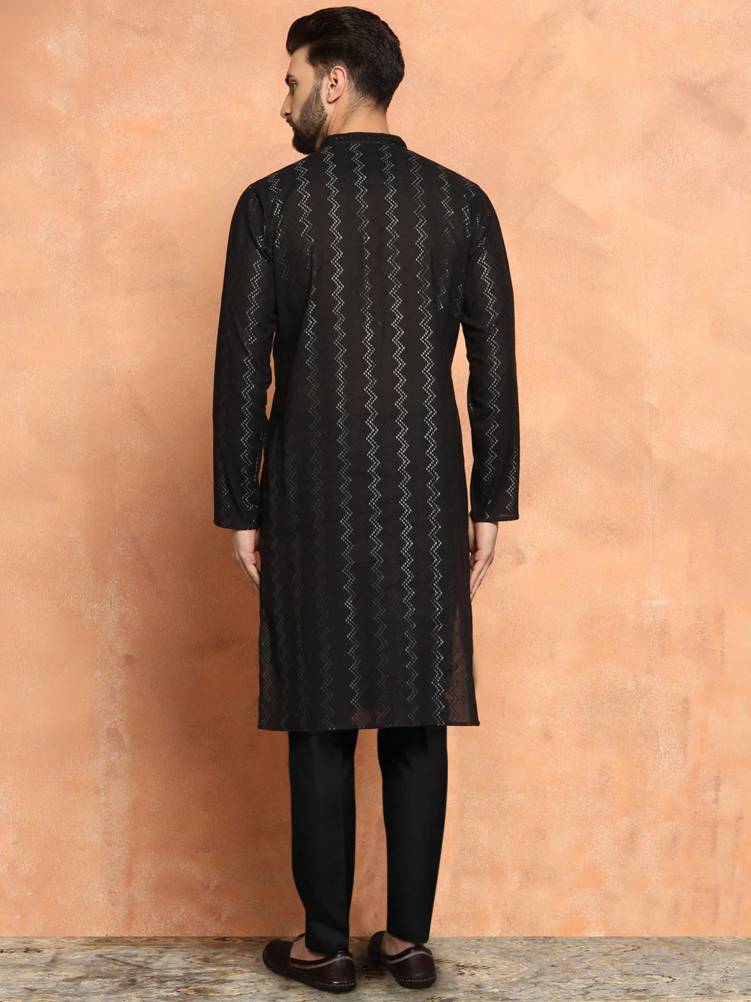 Black Cotton Silk Indowestern Achkan Kurta Trouser Set - Image 4