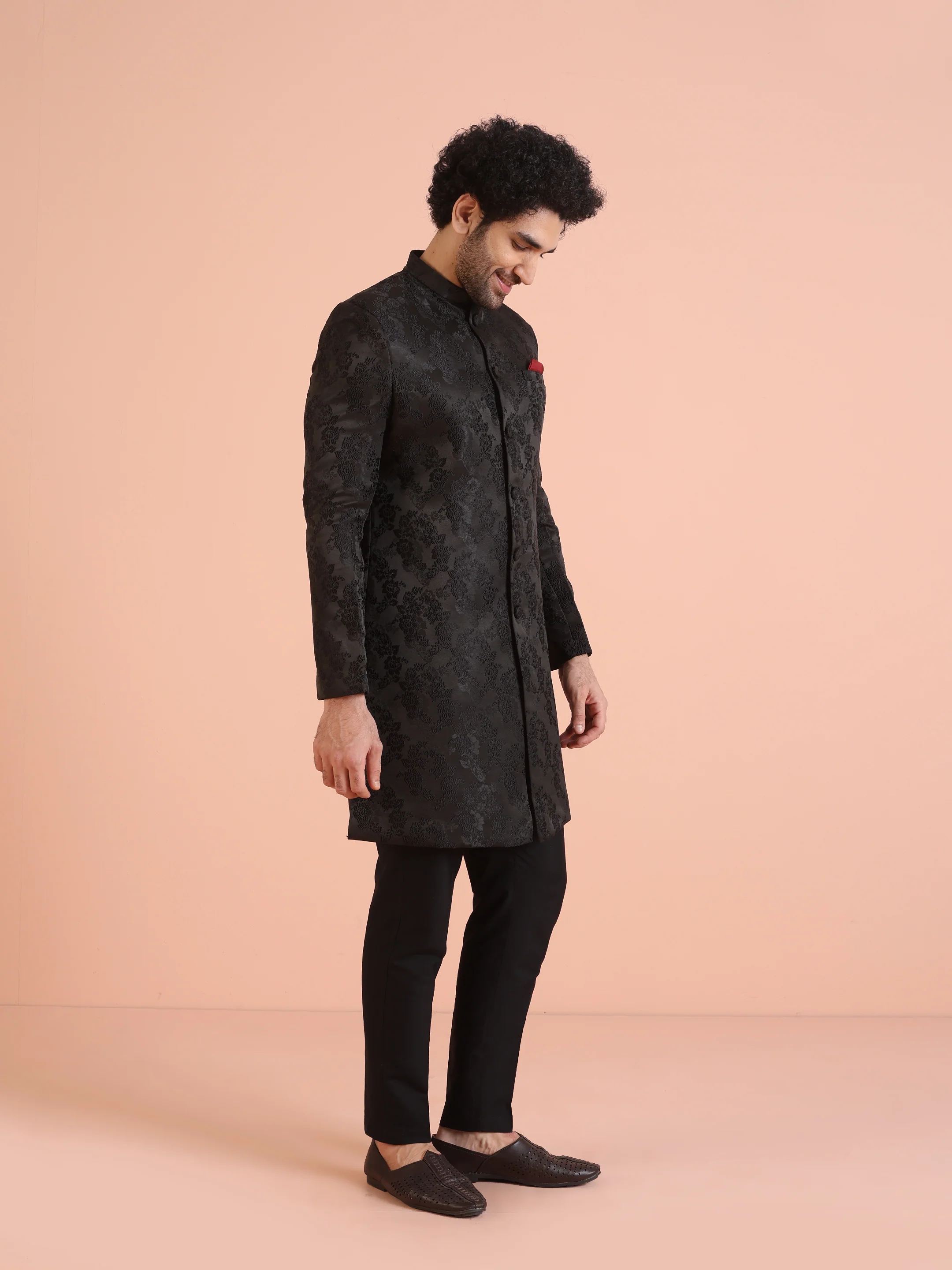 Men Black Embossed Indowestern Trouser Set - Image 2