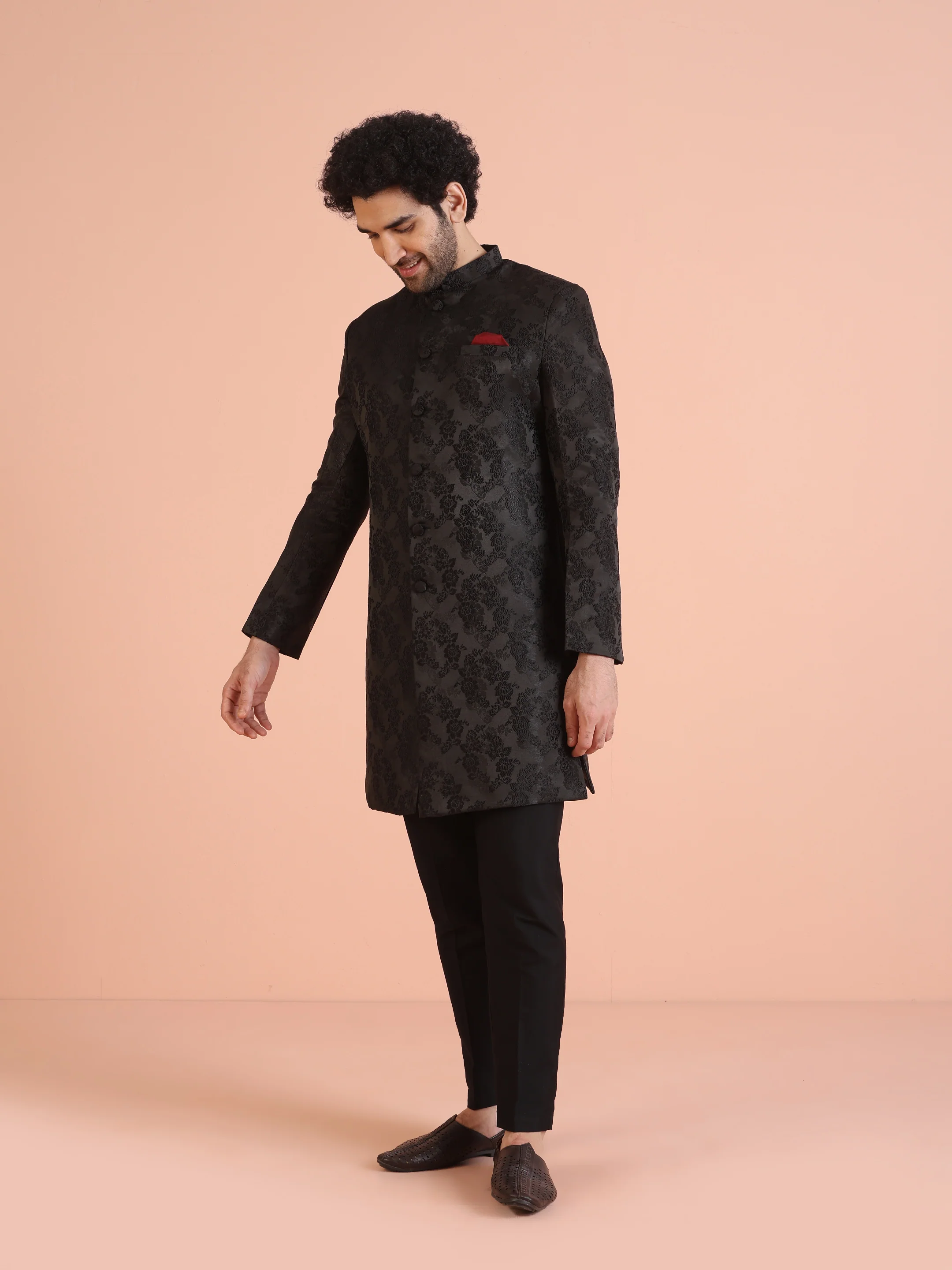 Men Black Embossed Indowestern Trouser Set - Image 3