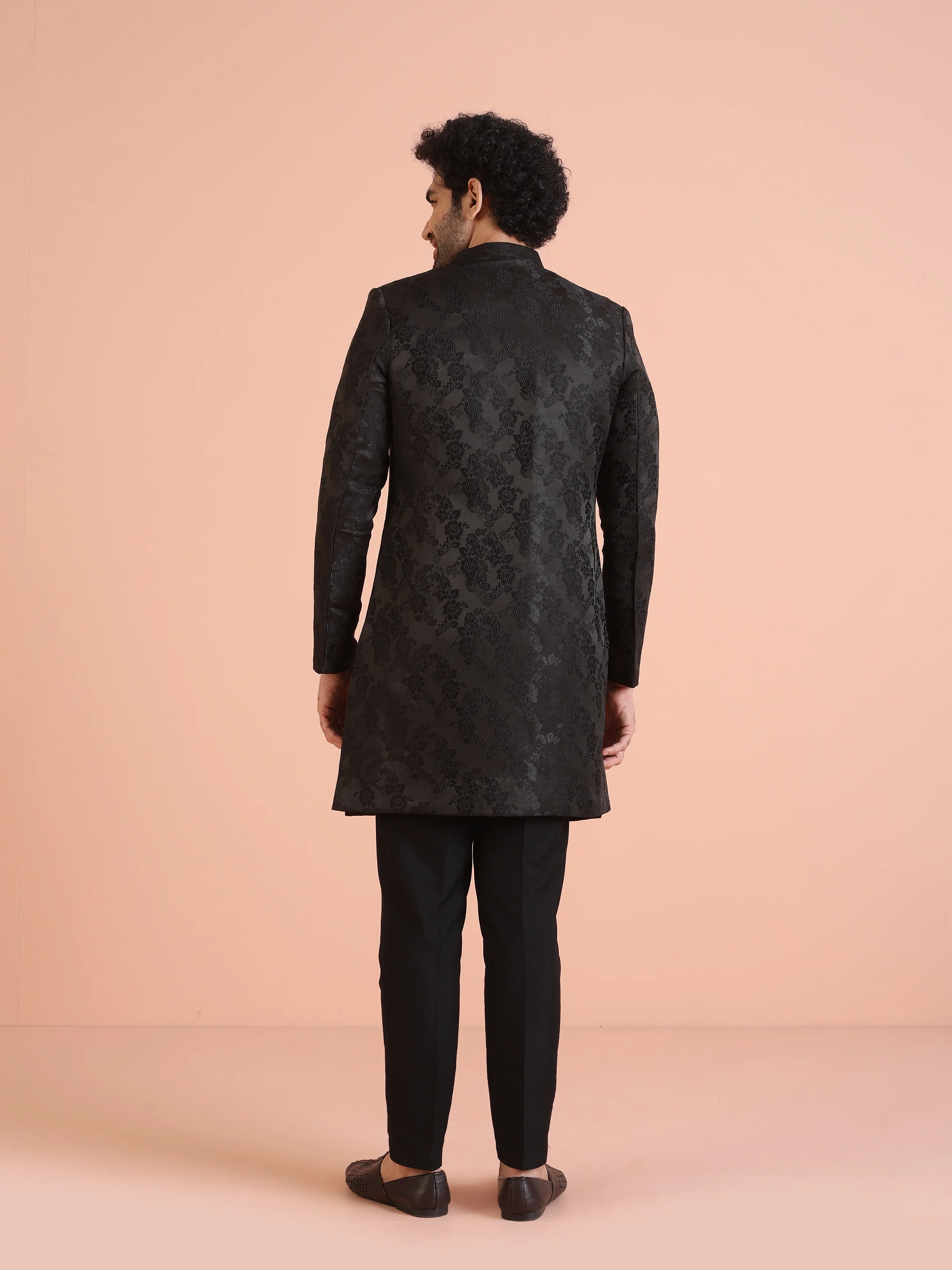 Men Black Embossed Indowestern Trouser Set - Image 4