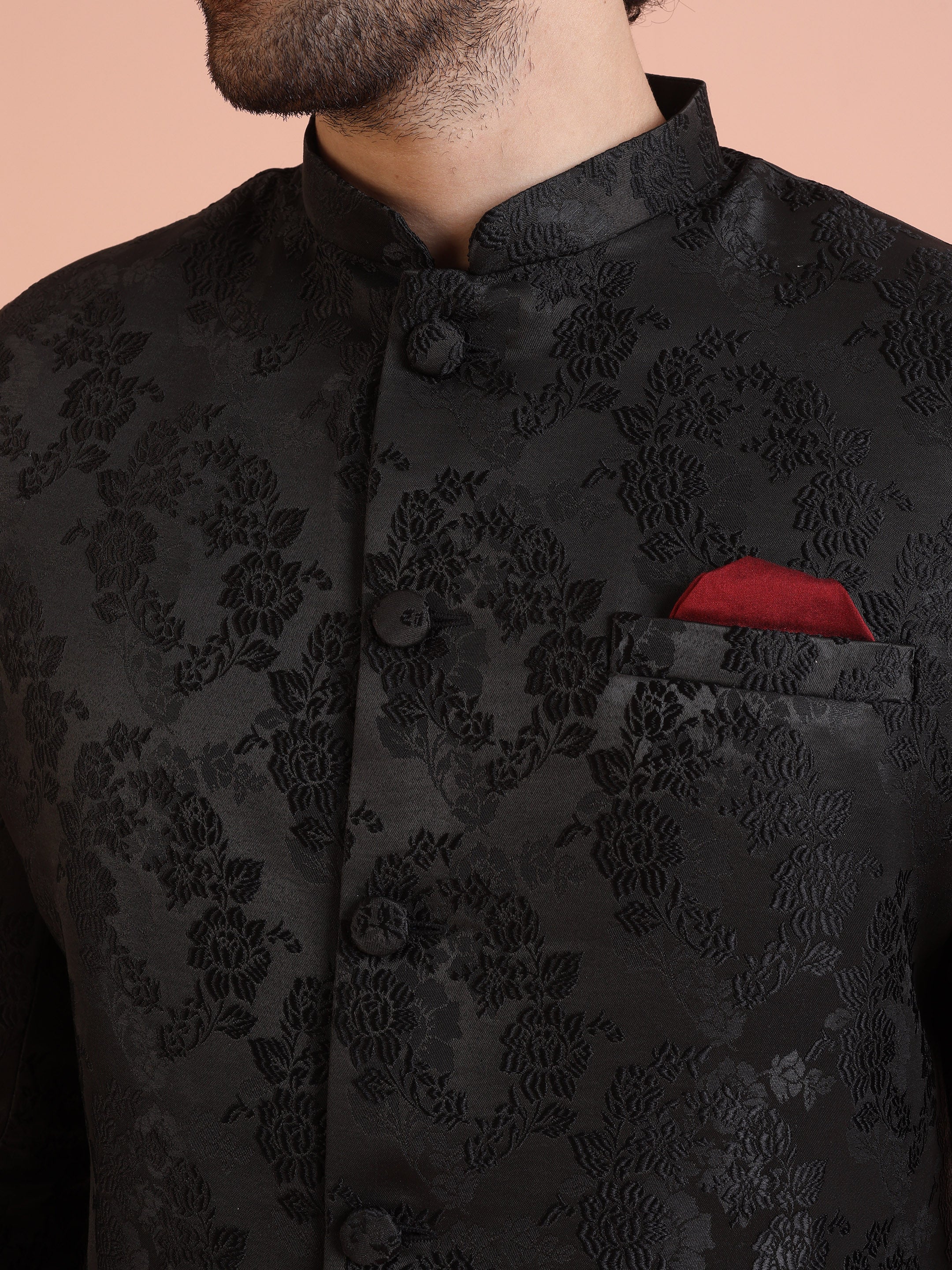 Men Black Embossed Indowestern Trouser Set - Image 5