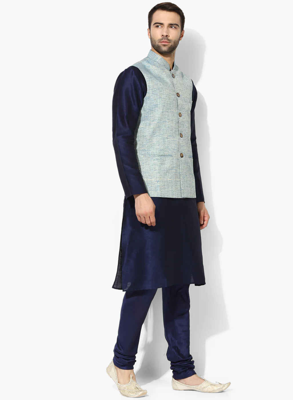 Men's Blue Self Design Kurta Jacket Churidar Set - Image 2