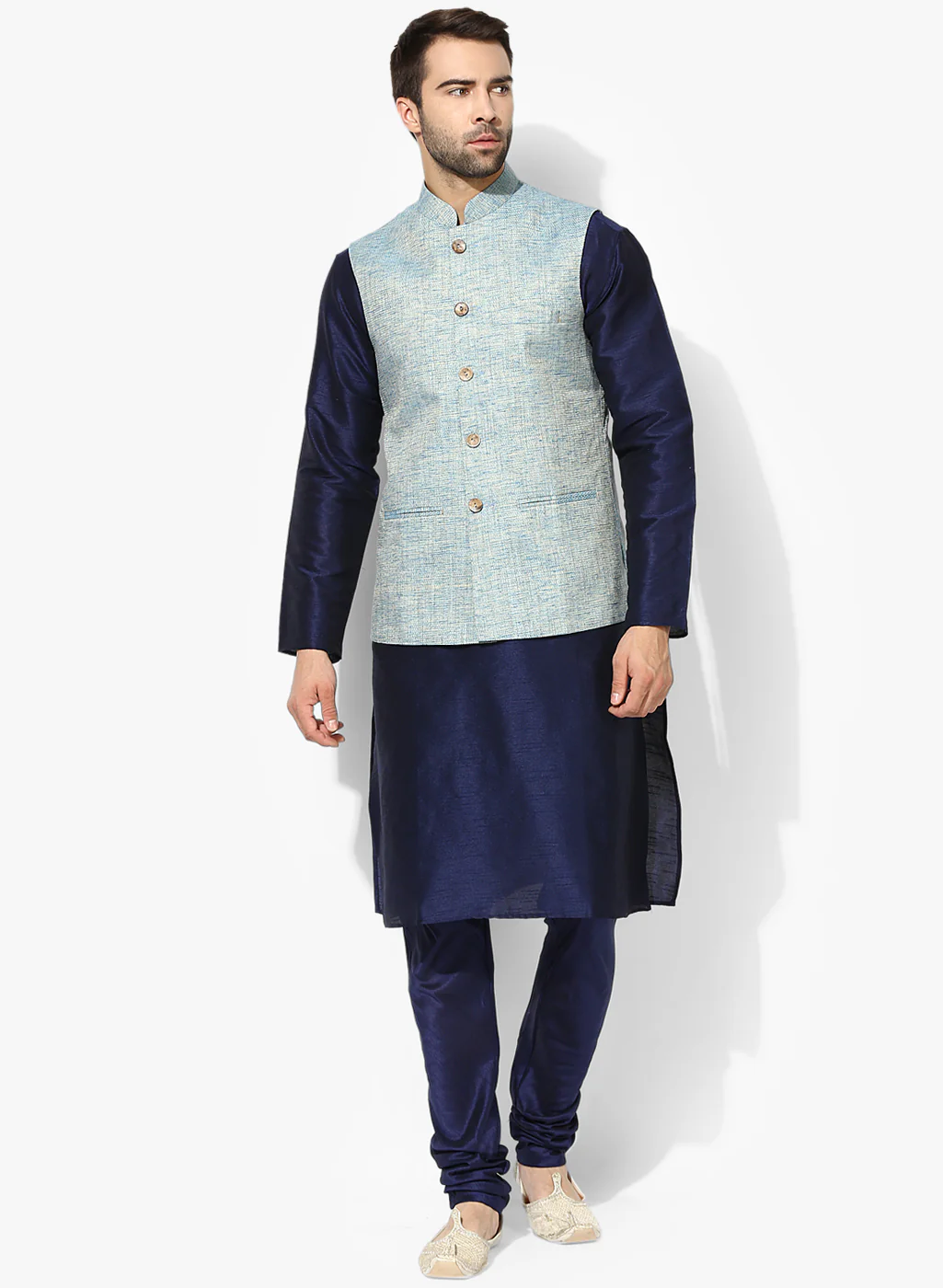 Men's Blue Self Design Kurta Jacket Churidar Set - Image 3