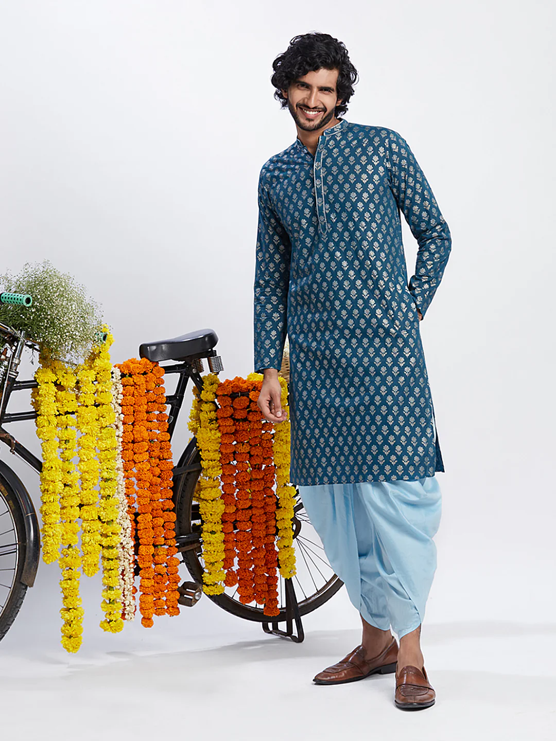 Men Blue Printed Kurta Dhoti Set - Image 2