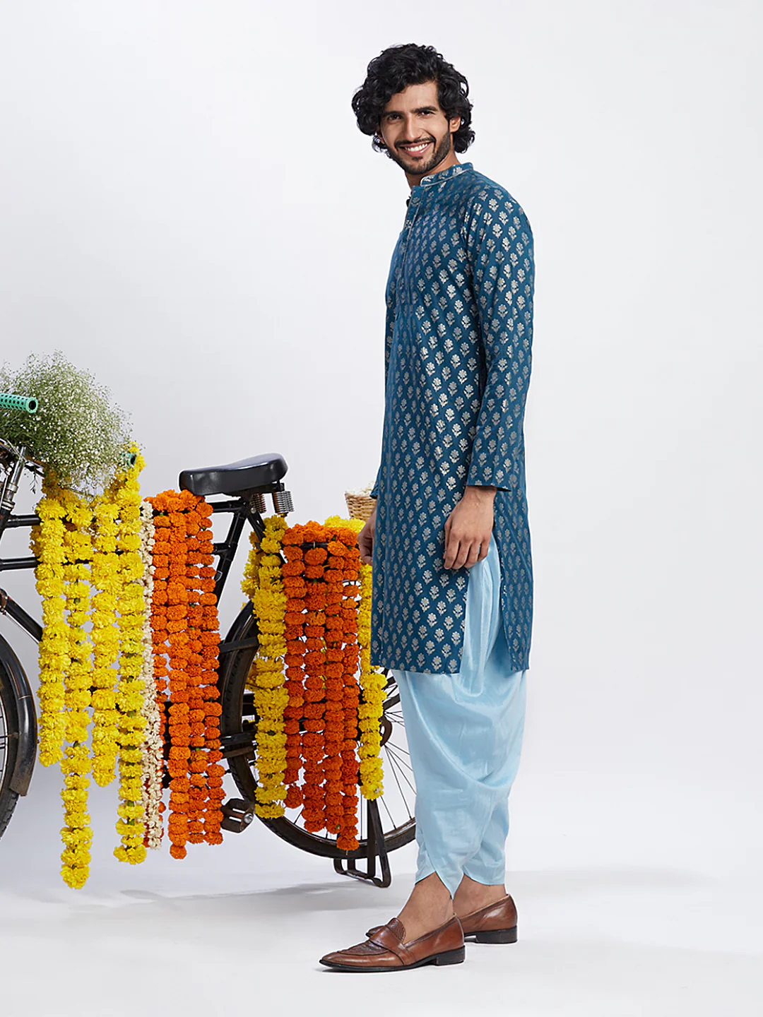 Men Blue Printed Kurta Dhoti Set - Image 4
