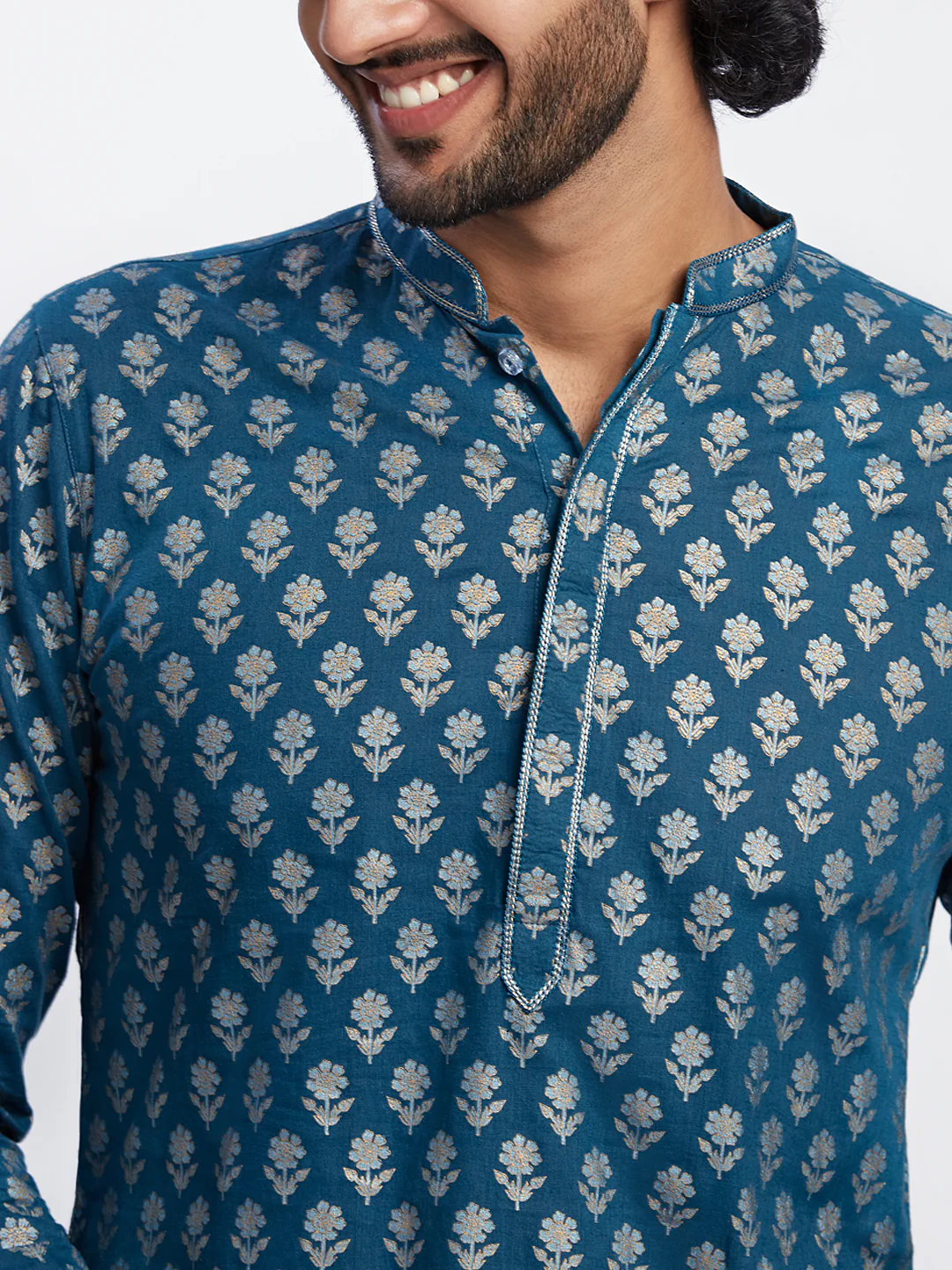 Men Blue Printed Kurta Dhoti Set - Image 6