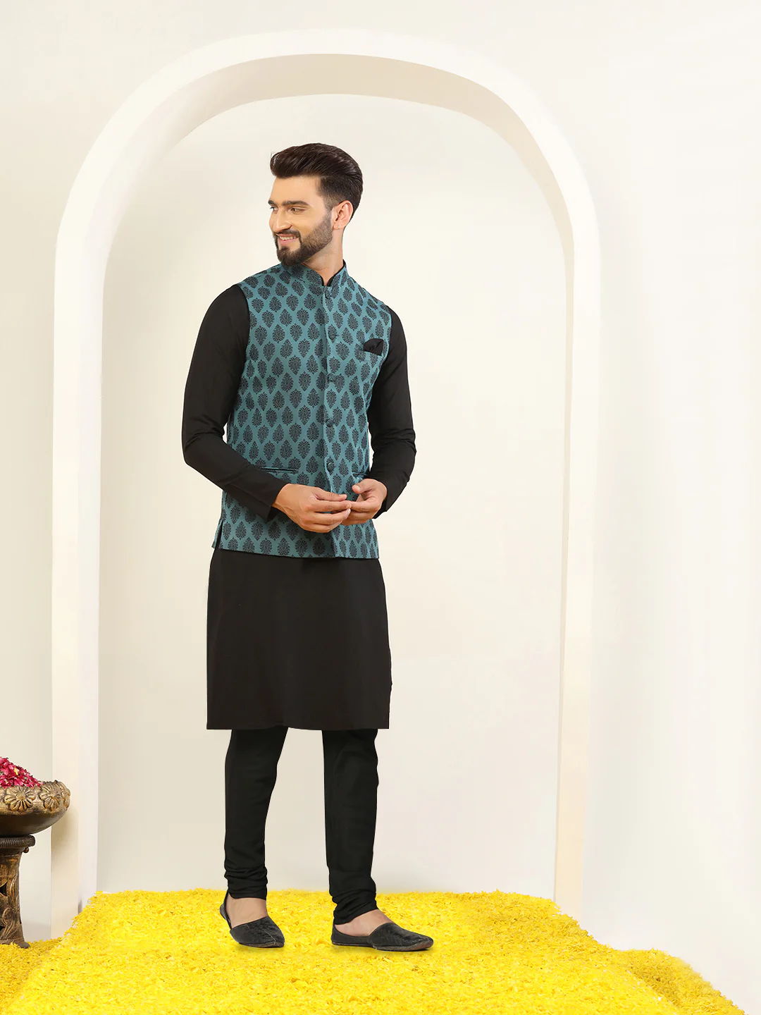 Black Cotton Printed Nehru Jacket Kurta Churidar - Image 2