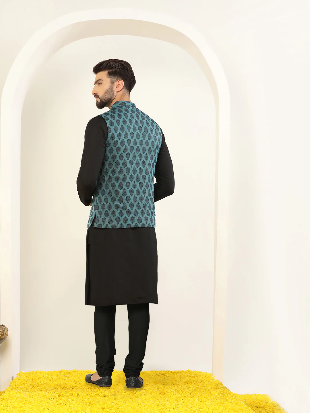 Black Cotton Printed Nehru Jacket Kurta Churidar - Image 4