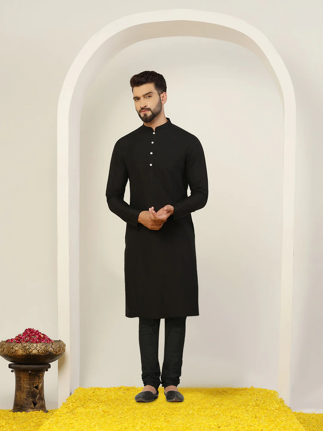 Black Cotton Printed Nehru Jacket Kurta Churidar - Image 5