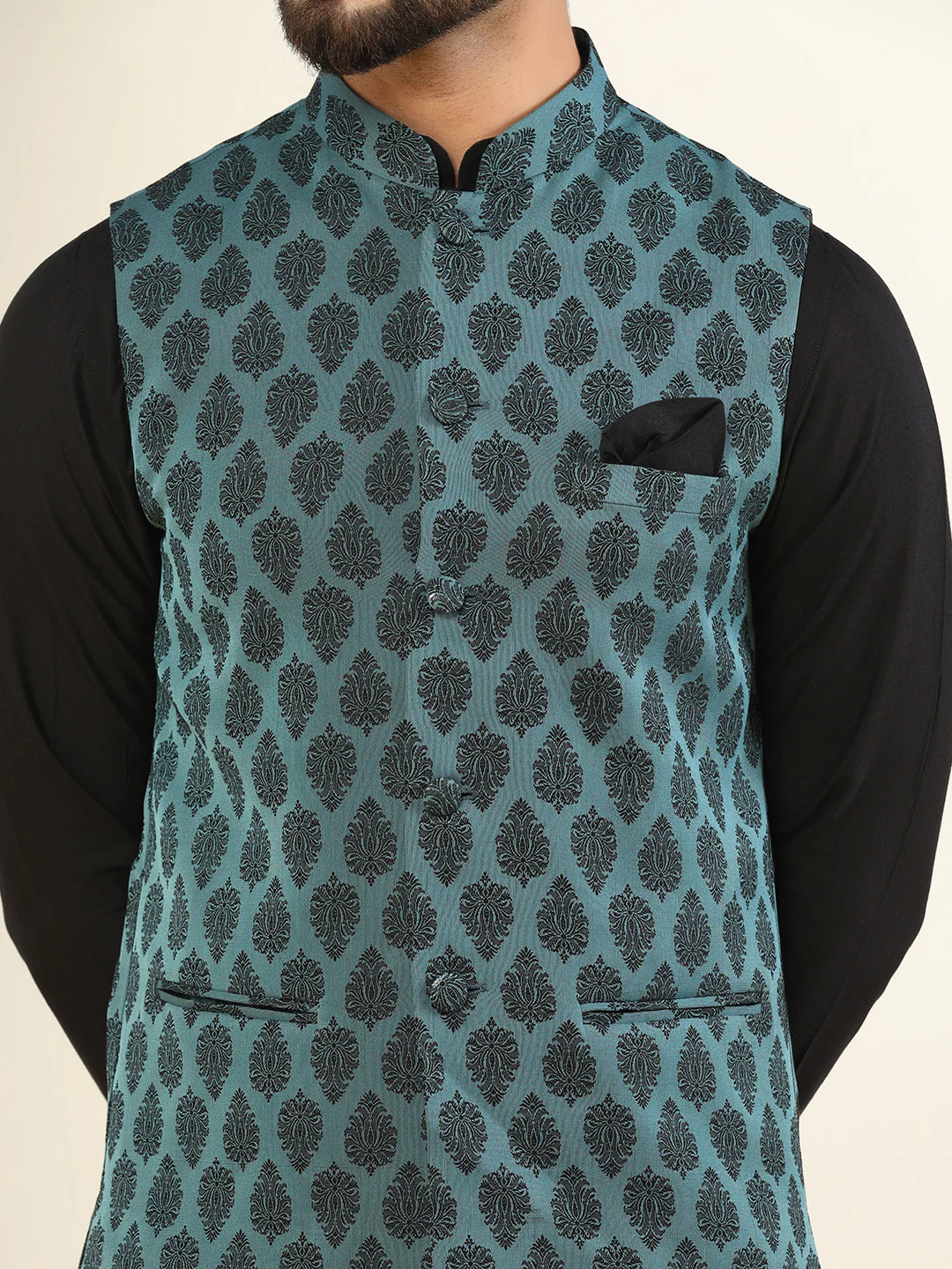 Black Cotton Printed Nehru Jacket Kurta Churidar - Image 6