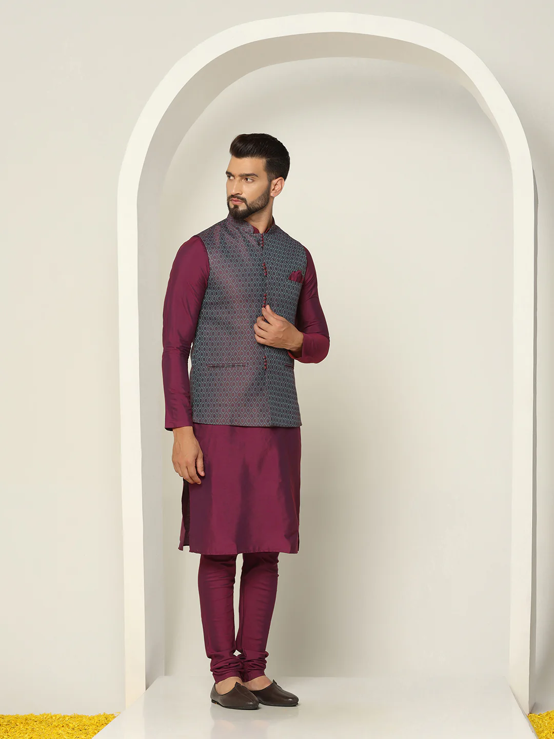 Wine Kurta with Grey Jacquard Jacket & Churidar - Image 2