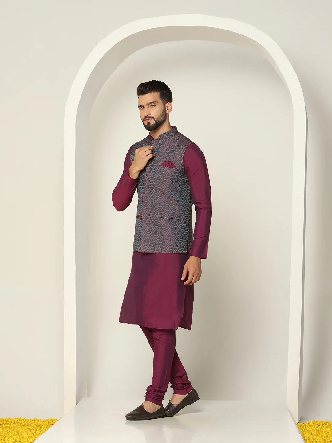 Wine Kurta with Grey Jacquard Jacket & Churidar - Image 3
