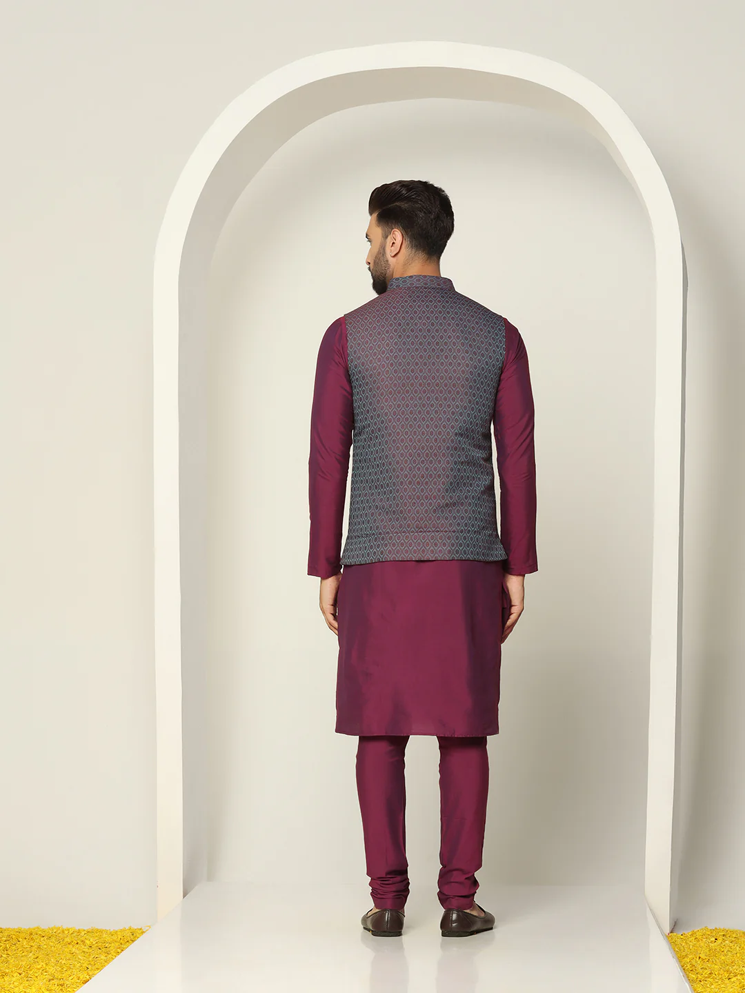 Wine Kurta with Grey Jacquard Jacket & Churidar - Image 4