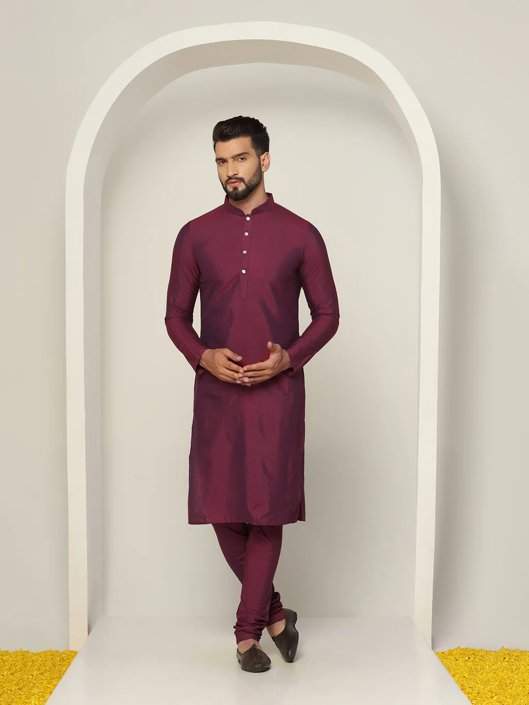 Wine Kurta with Grey Jacquard Jacket & Churidar - Image 5