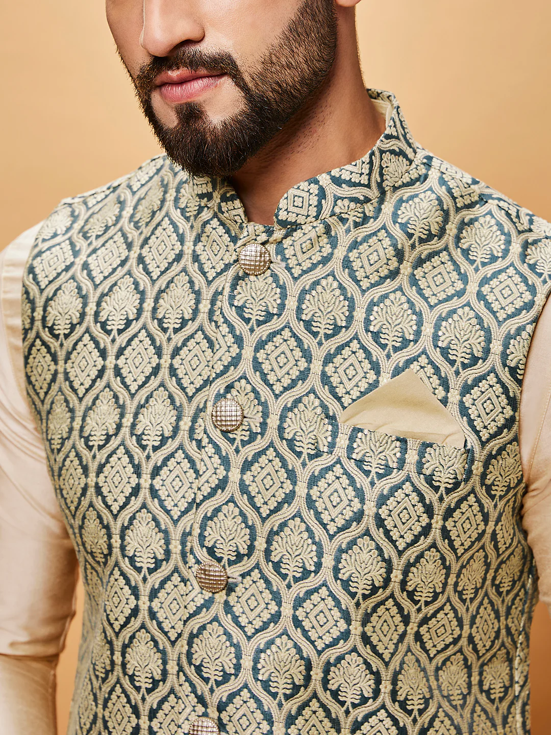 Cream Silk Blend Green Textured Nehru Jacket Kurta Set - Image 6