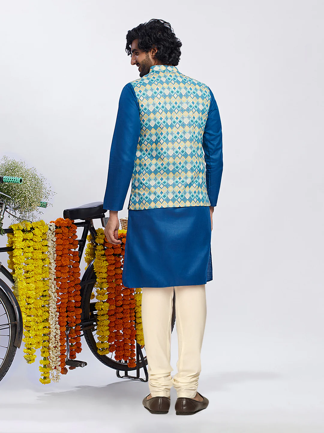 Men's Blue Kurta Jacket Churidar Set - Image 4