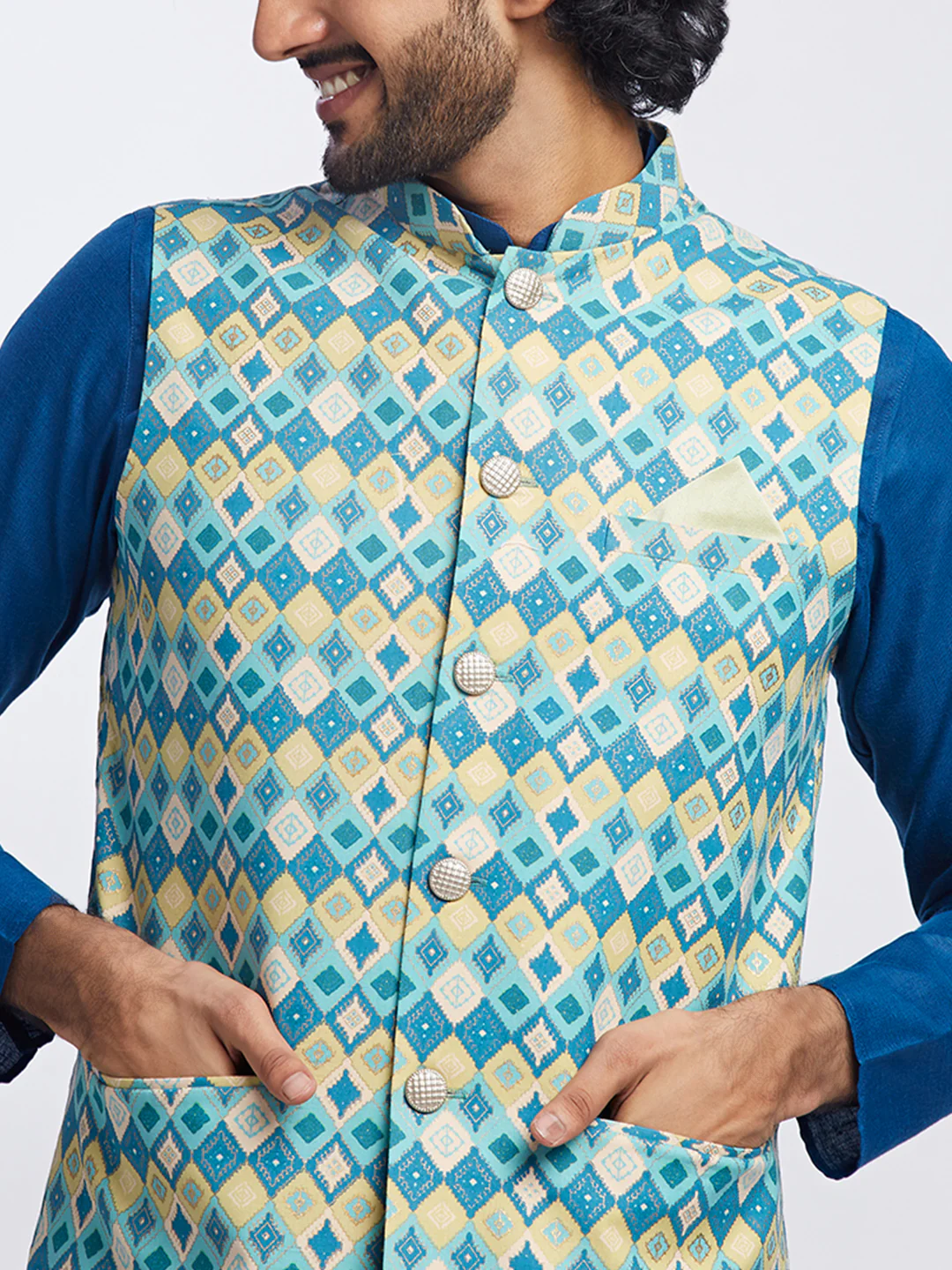 Men's Blue Kurta Jacket Churidar Set - Image 6