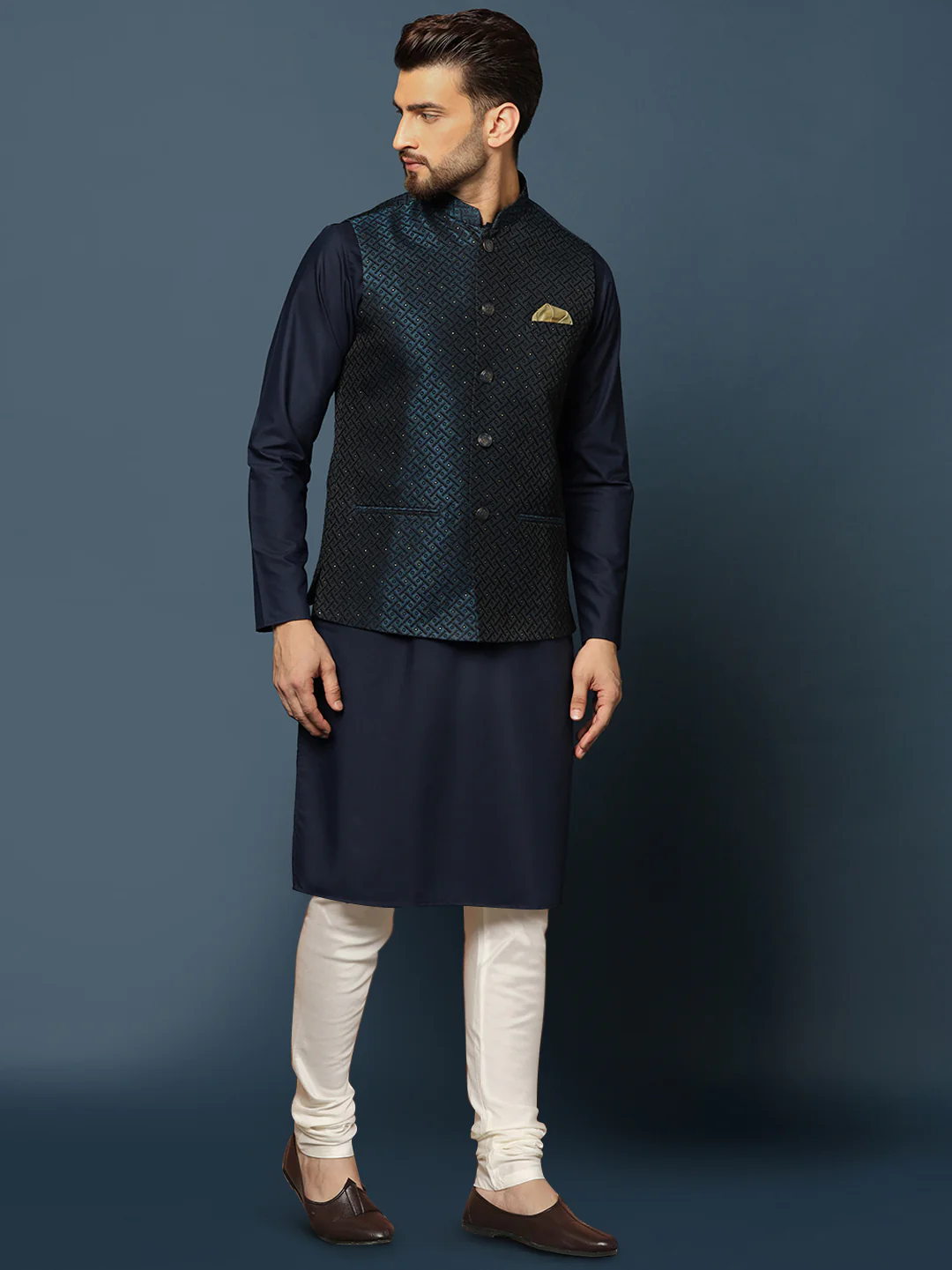Navy Blue Embellished Nehru Jacket Kurta Set - Image 2