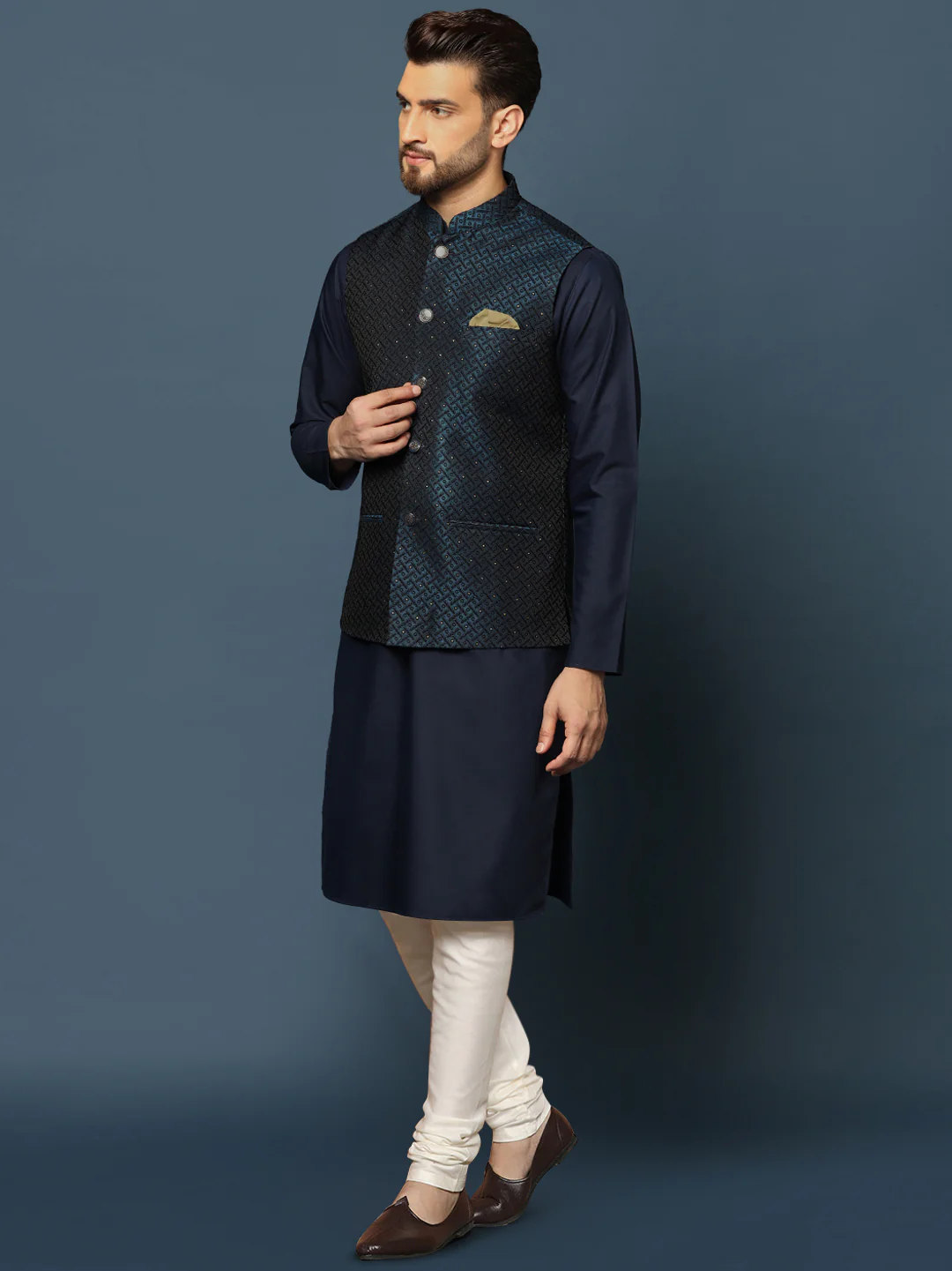 Navy Blue Embellished Nehru Jacket Kurta Set - Image 3