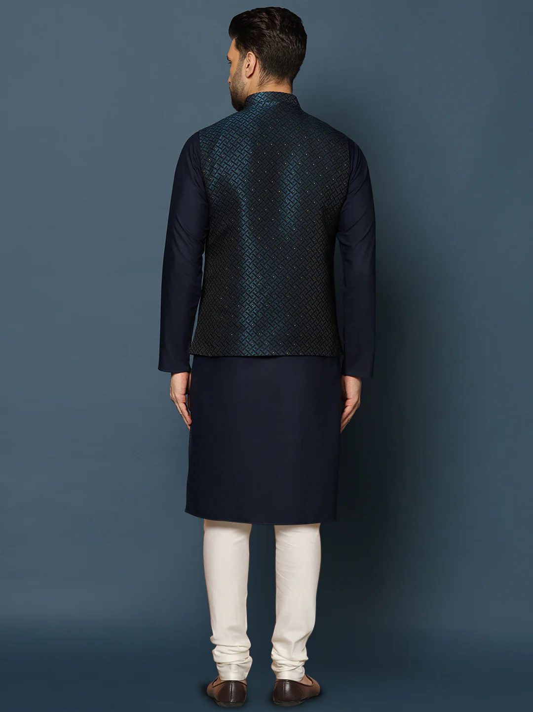 Navy Blue Embellished Nehru Jacket Kurta Set - Image 4