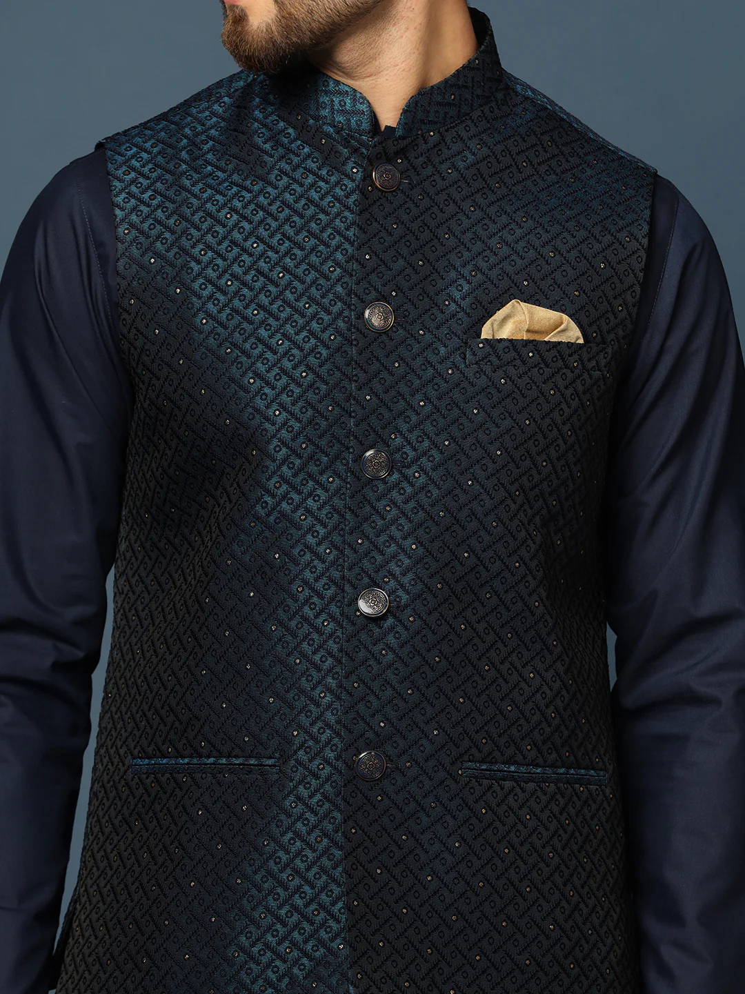 Navy Blue Embellished Nehru Jacket Kurta Set - Image 6