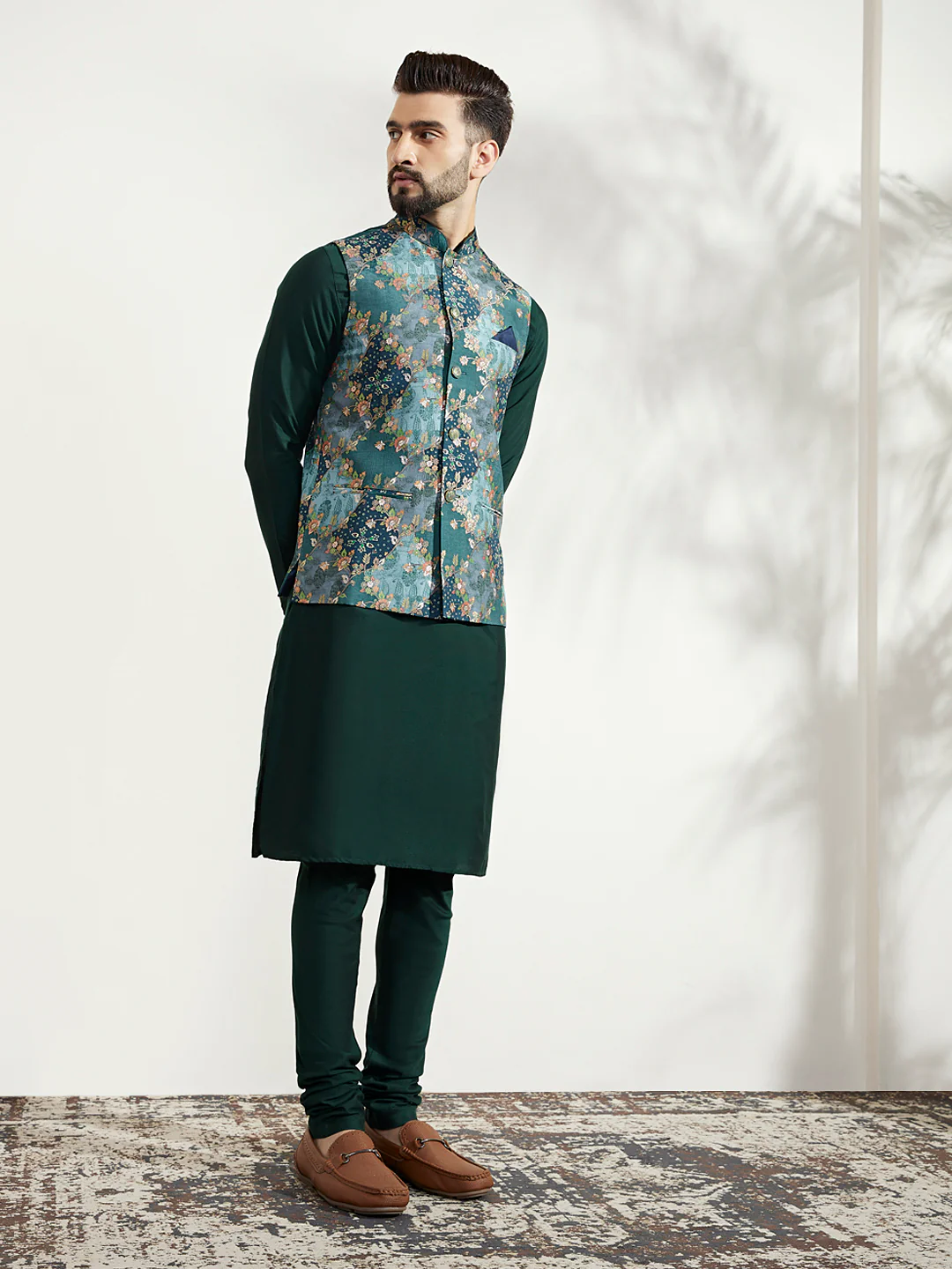 Dark Green Silk Blend Floral Nehru Jacket Kurta Set - Image 2