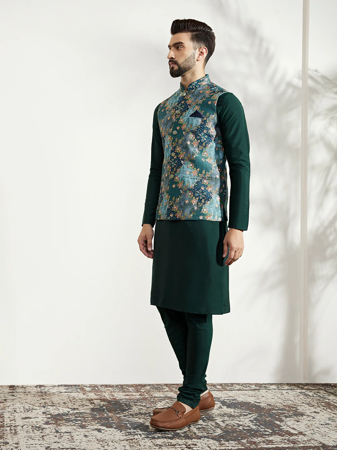 Dark Green Silk Blend Floral Nehru Jacket Kurta Set - Image 3