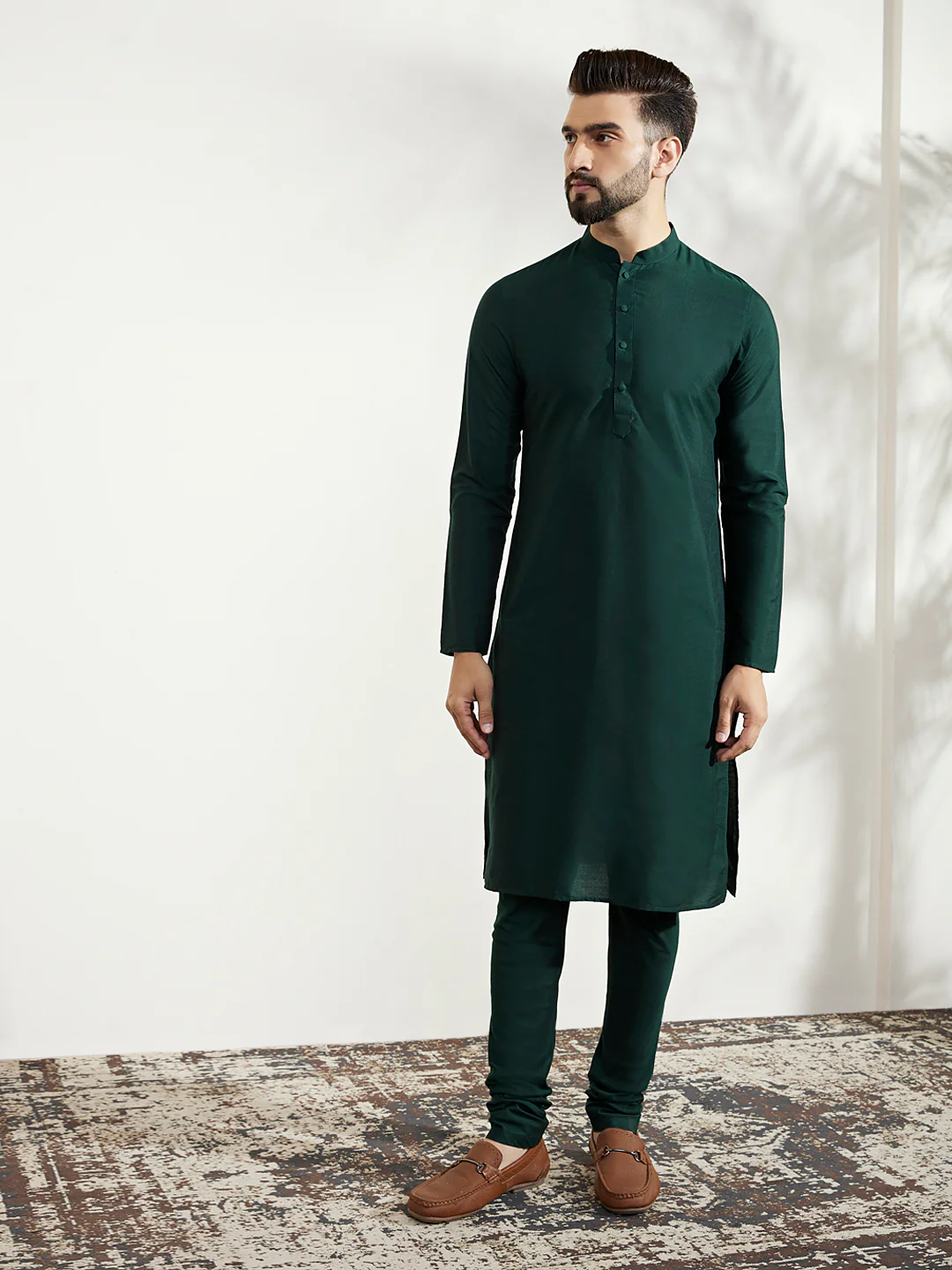 Dark Green Silk Blend Floral Nehru Jacket Kurta Set - Image 5