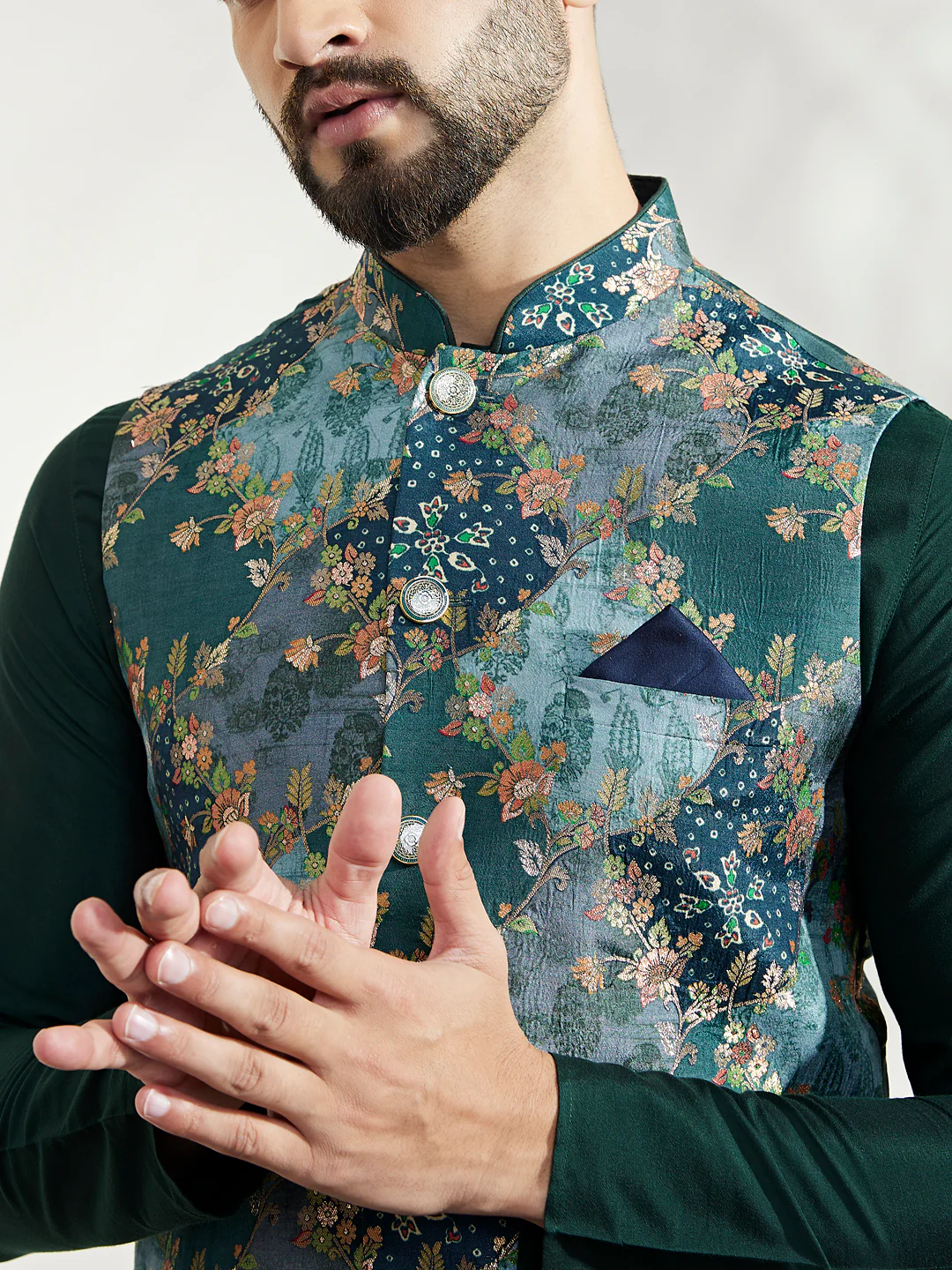Dark Green Silk Blend Floral Nehru Jacket Kurta Set - Image 6