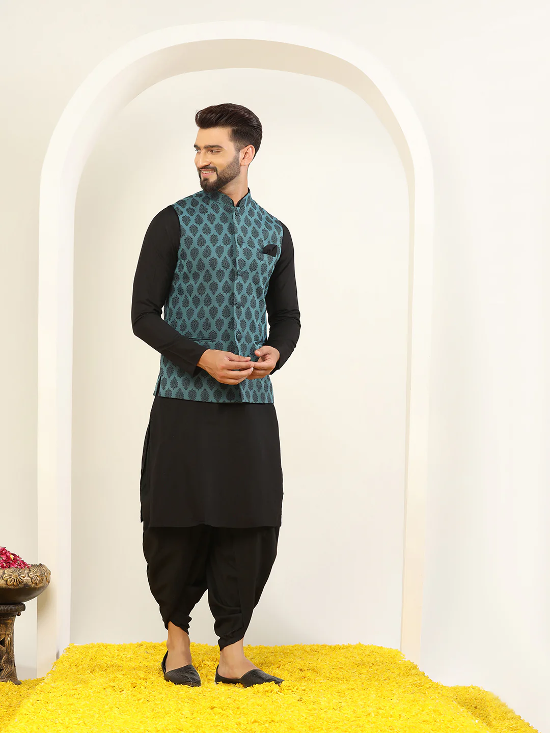 Black Cotton Printed Nehru Jacket Kurta Dhoti Set - Image 2