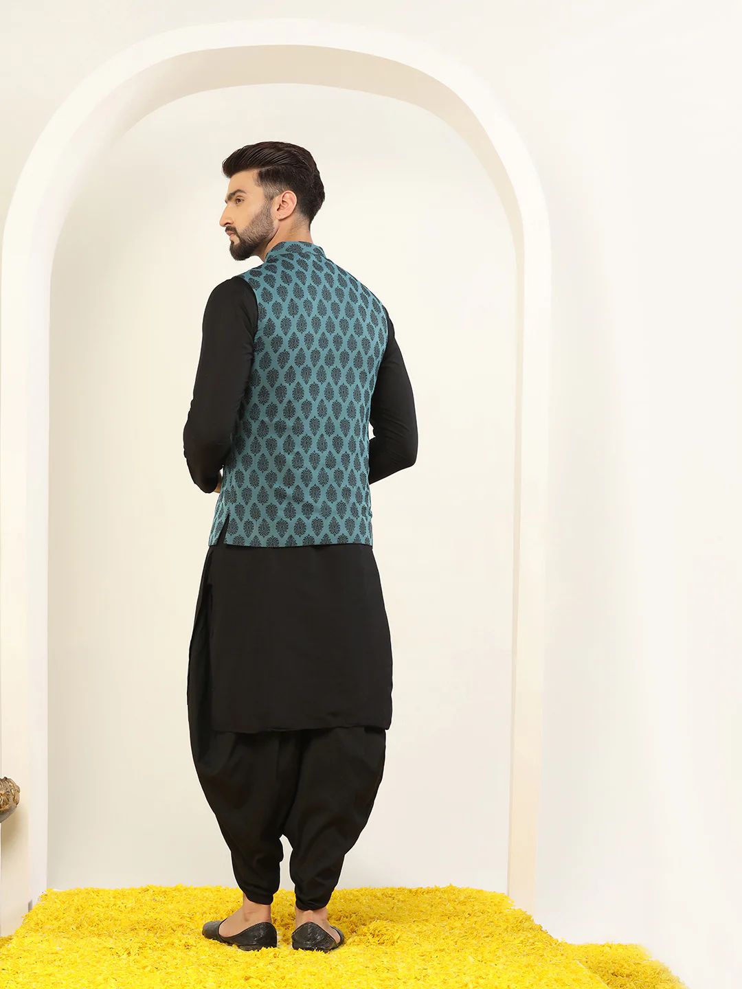 Black Cotton Printed Nehru Jacket Kurta Dhoti Set - Image 4